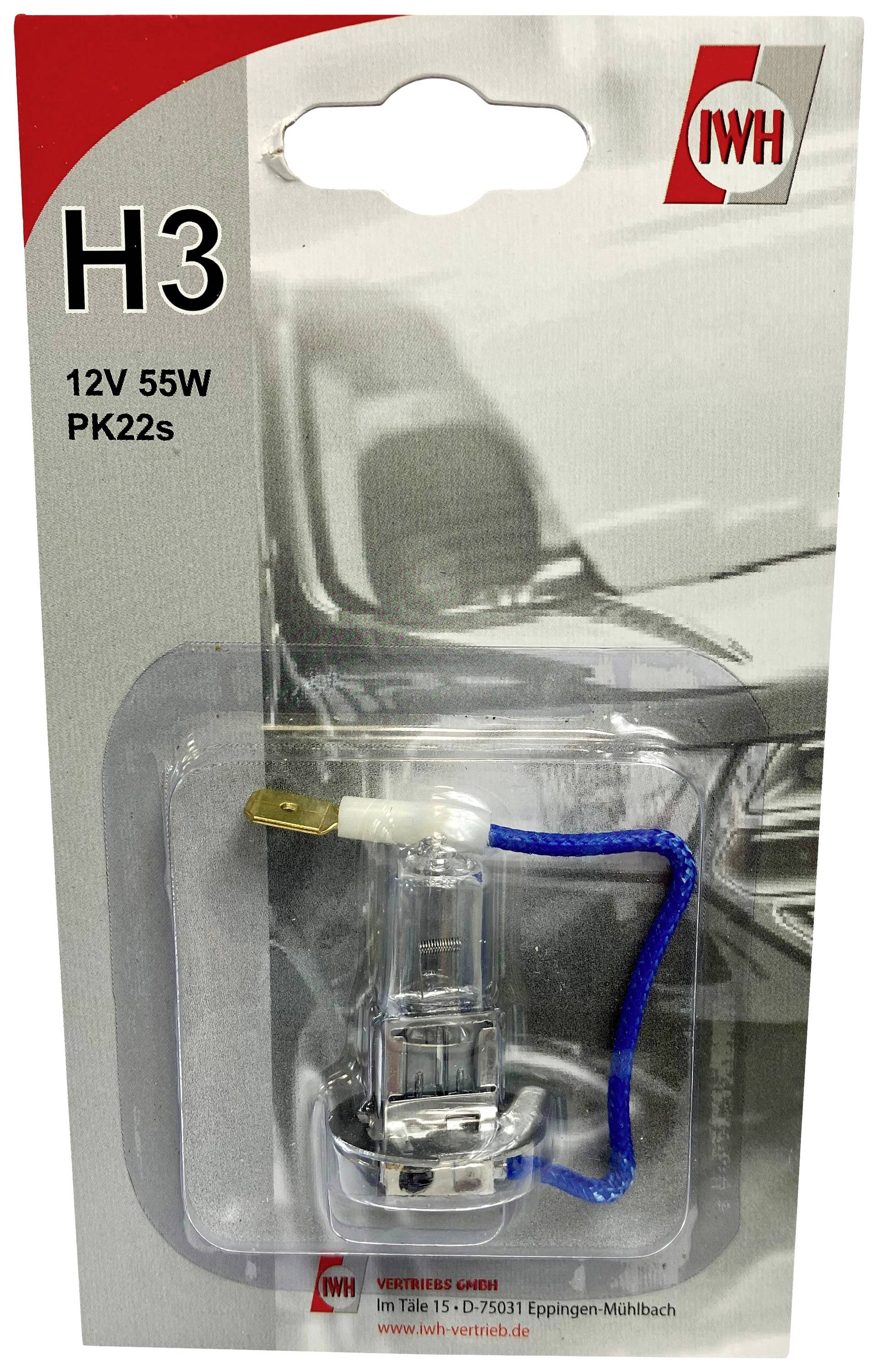 Obal halogenové žárovky H3, 12V 55W PK22s. Obsahuje obrázek produktu a logo IWH. Vhodná pro automobilové světlomety.