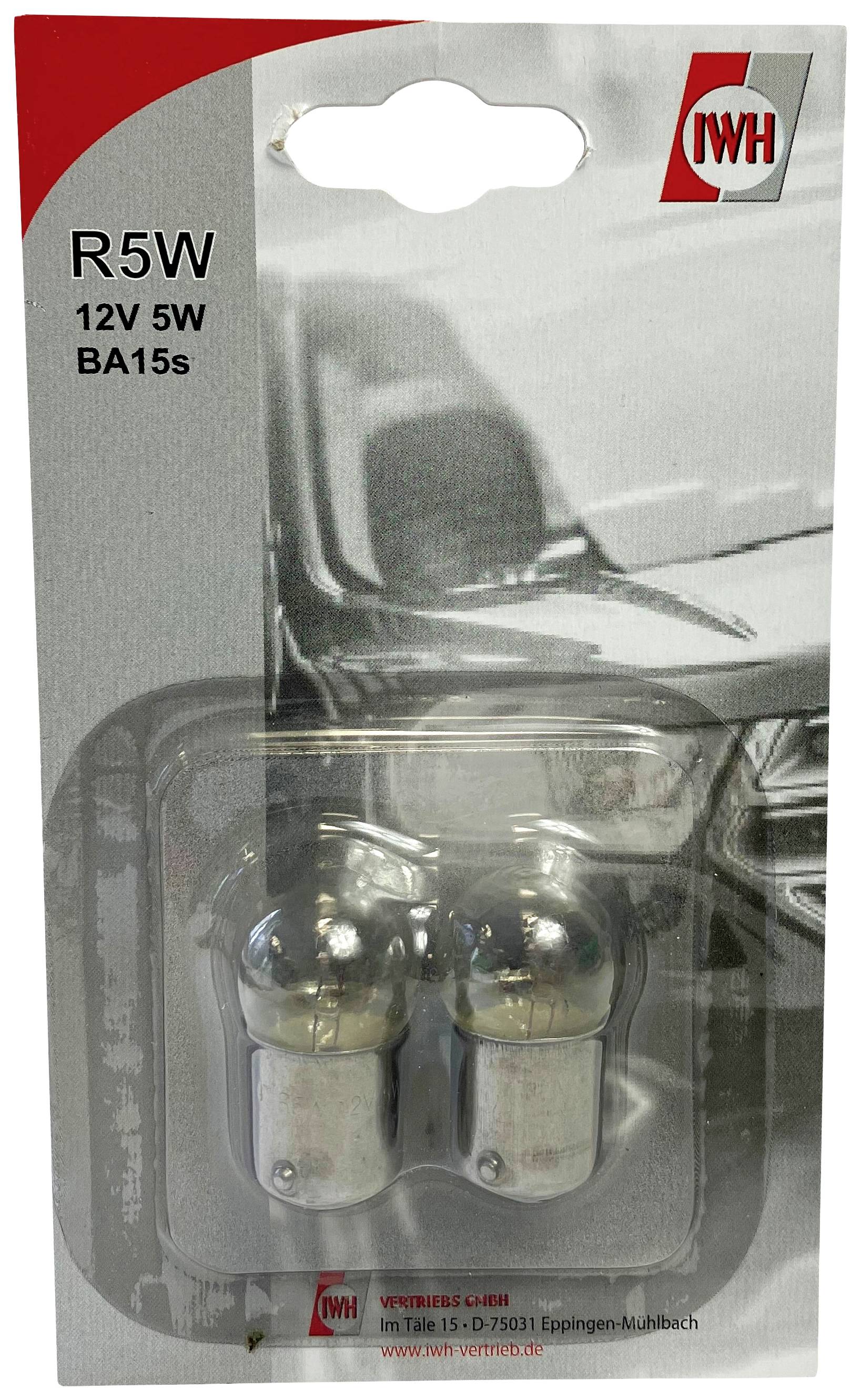 Balení dvou žárovek R5W, 12V 5W, model BA15s, s obrázkem automobilu v pozadí. Značka IMH.