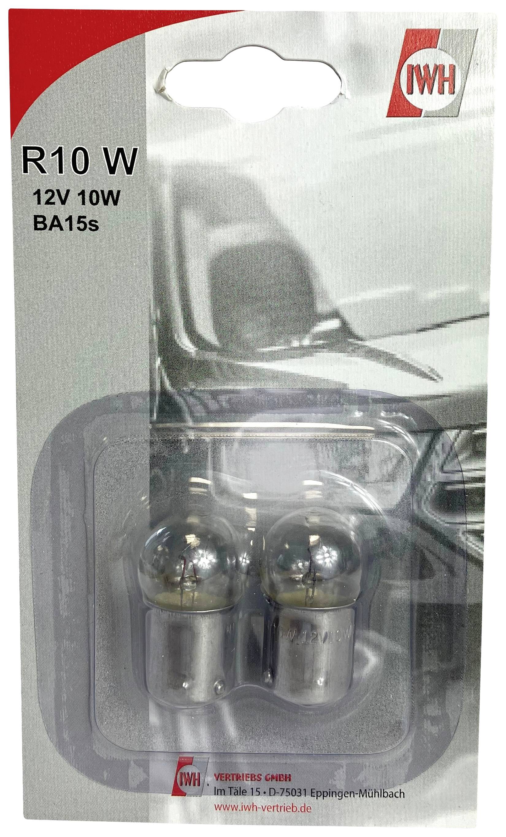 Dvě autožárovky v jednom balení, označené štítkem "R10 W 12V 10W BA15s". V pozadí částečně viditelná karoserie automobilu.