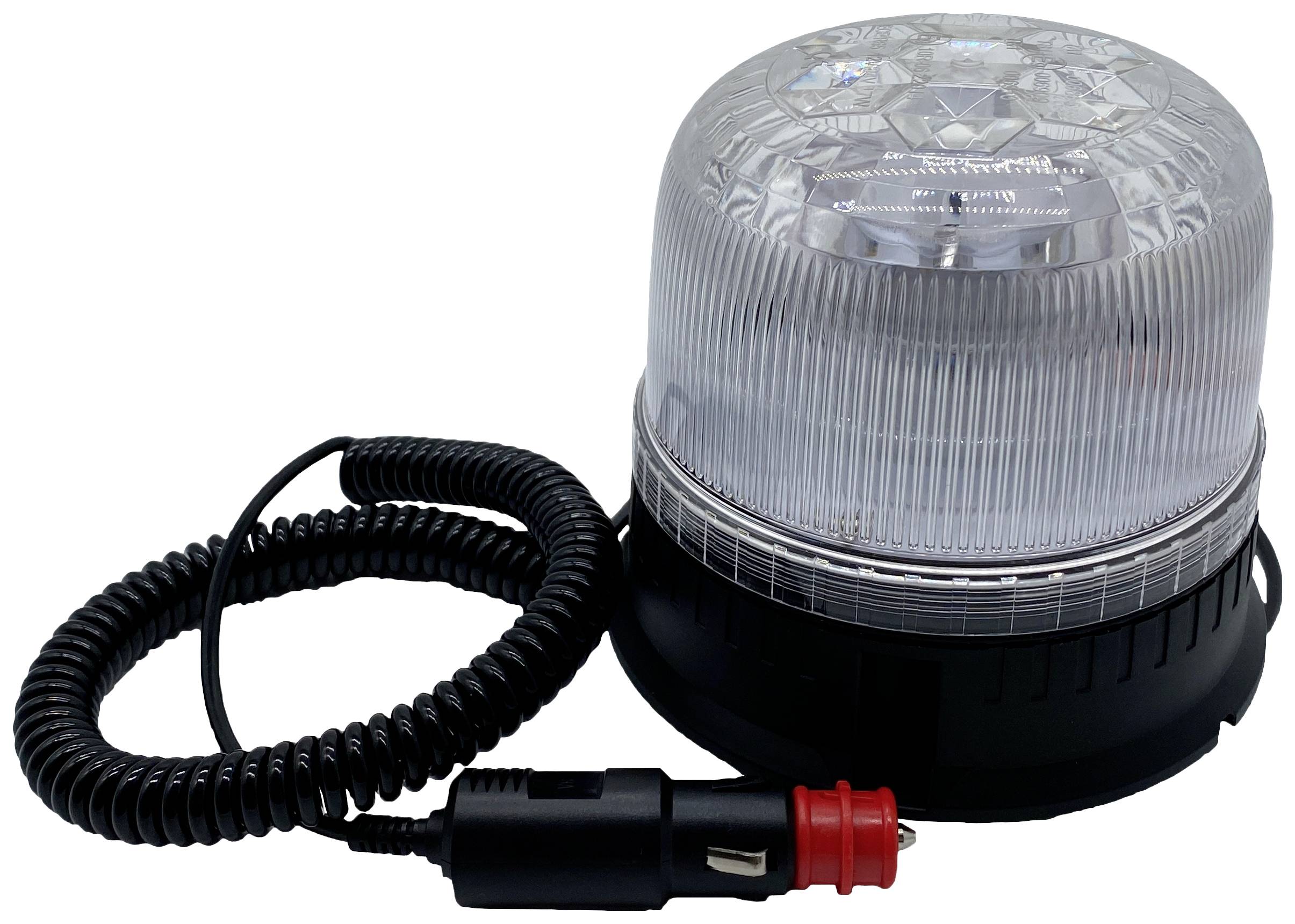 Transparentní LED nouzový maják se spirálovým kabelem a automobilovou zástrčkou, vhodný pro použití v dopravních prostředcích.