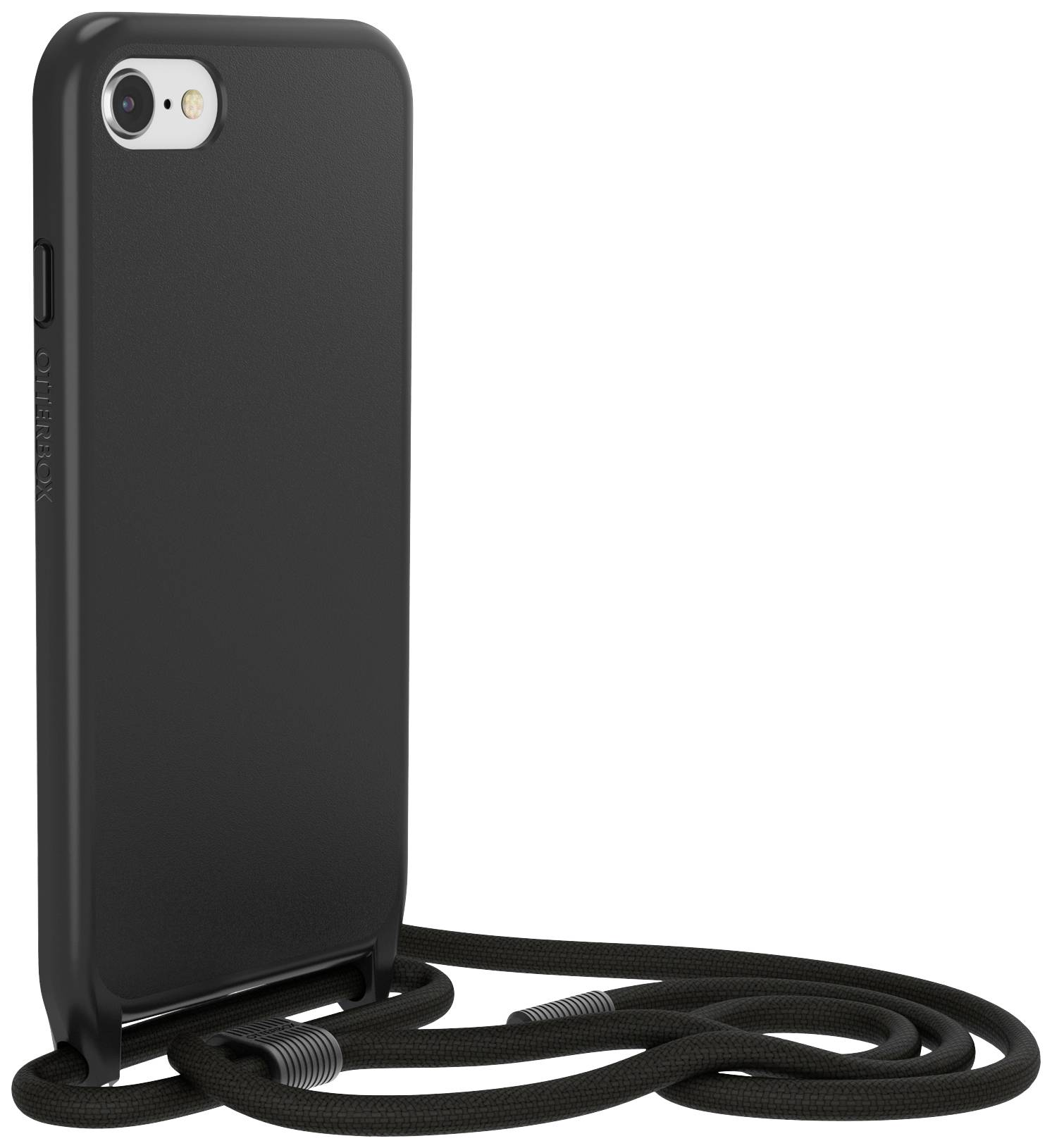 Černý obal na smartphone s šňůrkou na krk, ideální pro bezpečné nošení zařízení při cestování.