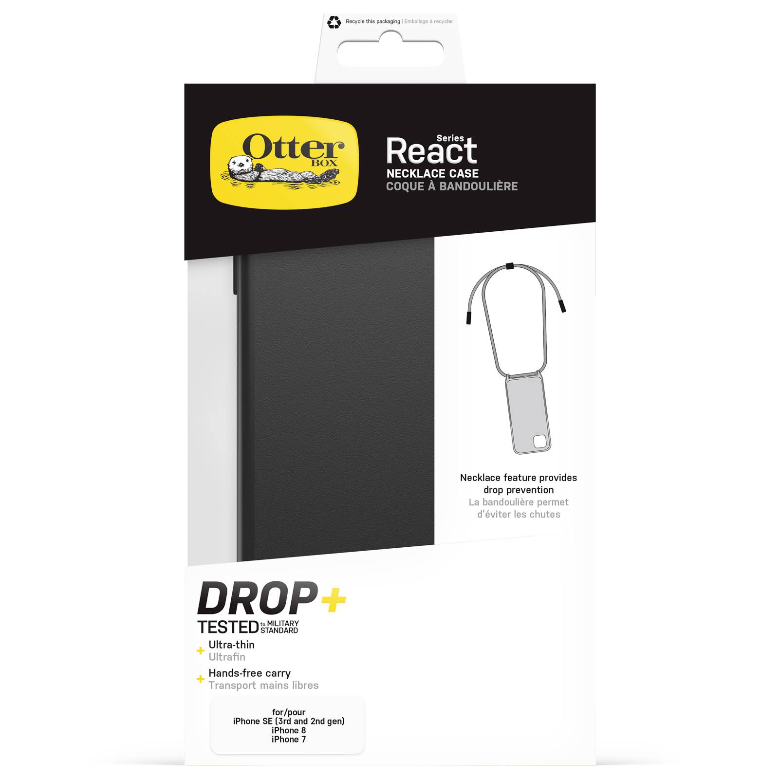 Pouzdro React Necklace Case pro iPhone 14 Plus/13 Pro Max od OtterBoxu zobrazené v obalu. Popis: Ultrattenké, s ochranou proti pádu.
