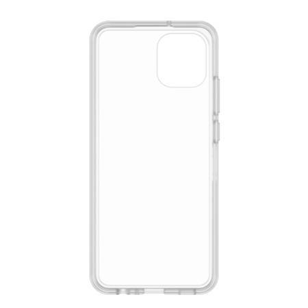 Průhledný, čirý kryt na smartphone s výřezy pro fotoaparát a tlačítka, vhodný pro obdélníkové mobilní zařízení.