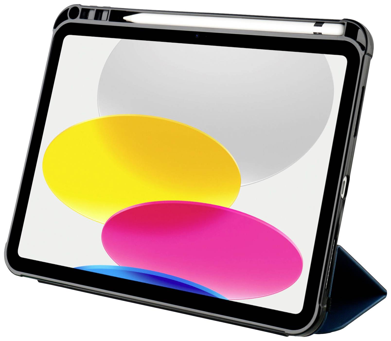 Tablet s perem na stojanu. Na obrazovce je tapeta s velkými barevnými kruhy.