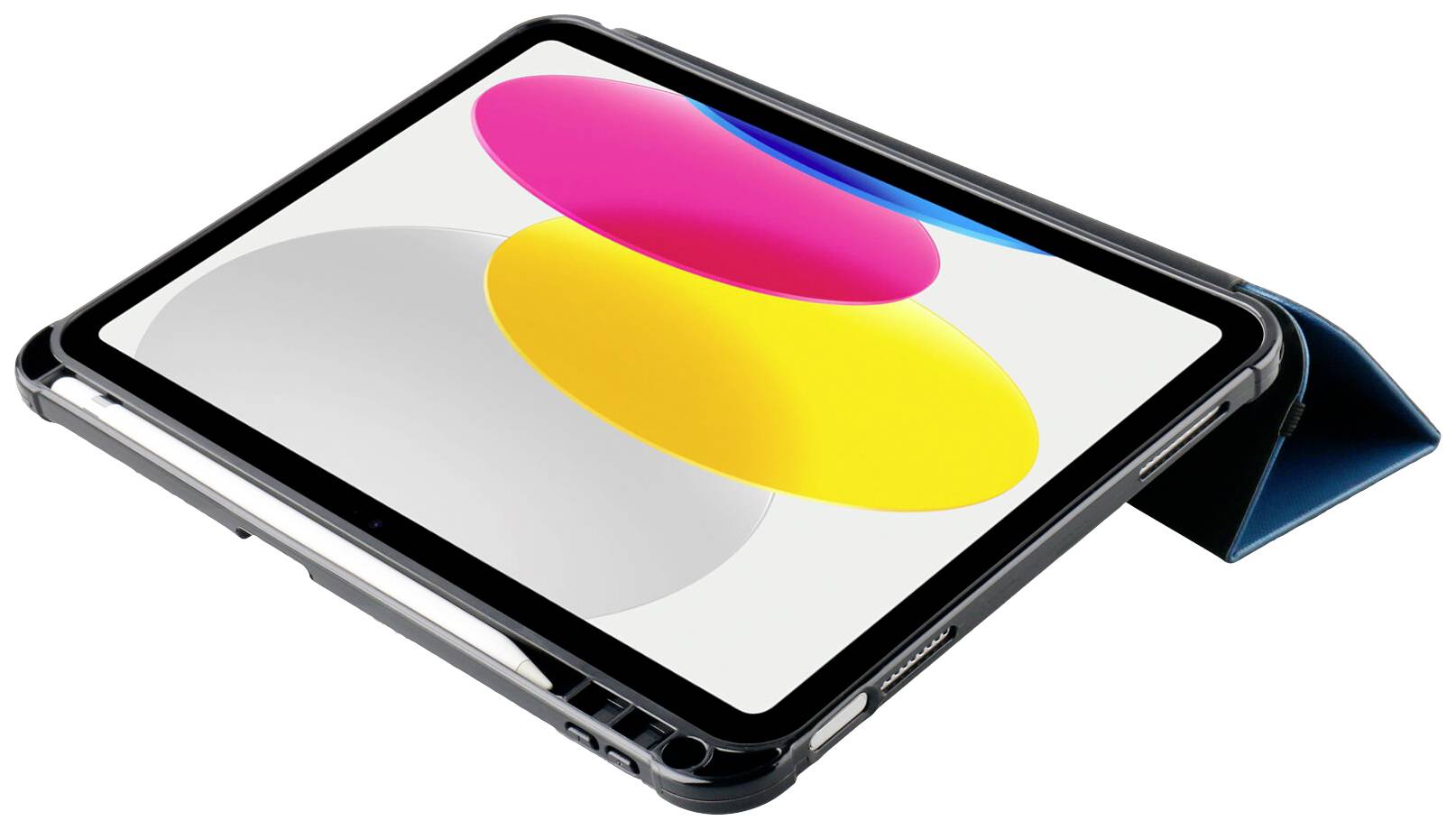 Tablet v ochranném obalu ležící na stojánku; obrazovka zobrazuje pestré tvary na bílém pozadí.