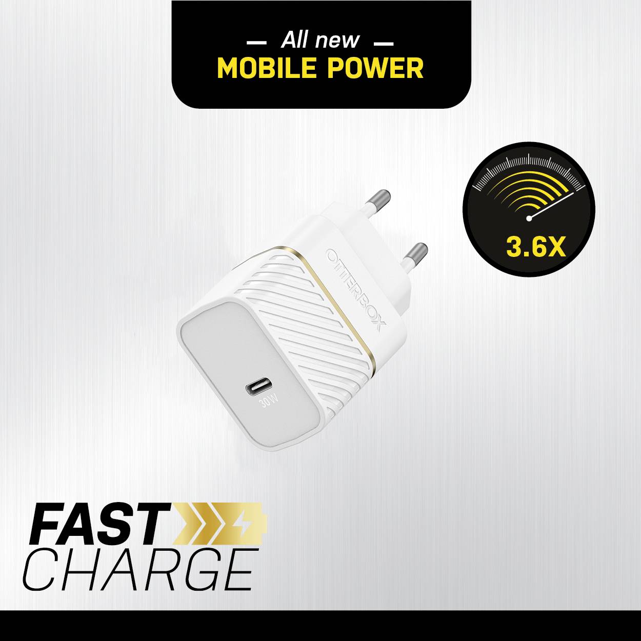 Rychlonabíječ s USB-C portem, propagovaný jako 'Zcela nová mobilní energie' s 3,6násobnou nabíjecí rychlostí.