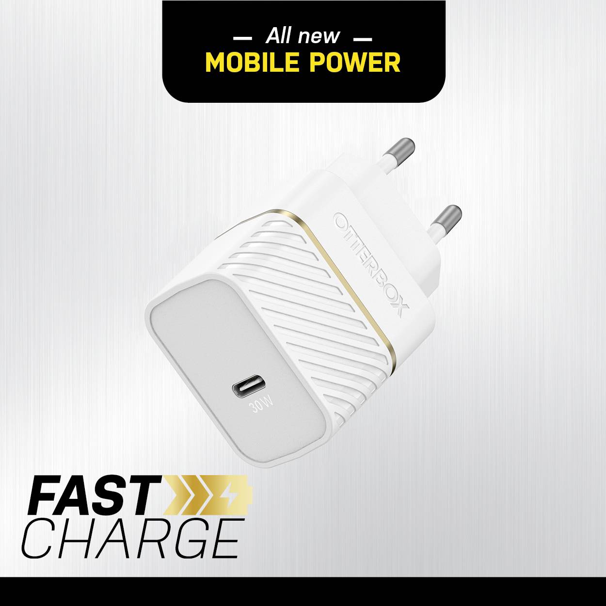 "Zcela nová mobilní energie." Bílá nabíječka s potiskem: "30W". Text pod ní: "Rychlé nabíjení".