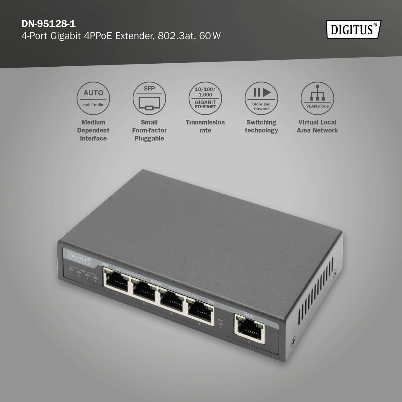 4portový gigabitový PoE rozšiřovač od společnosti Digitus s primárním popisem, číslem produktu DN-95128-1, podporou standardu 802.3at, 60 W výkonem a funkcemi.