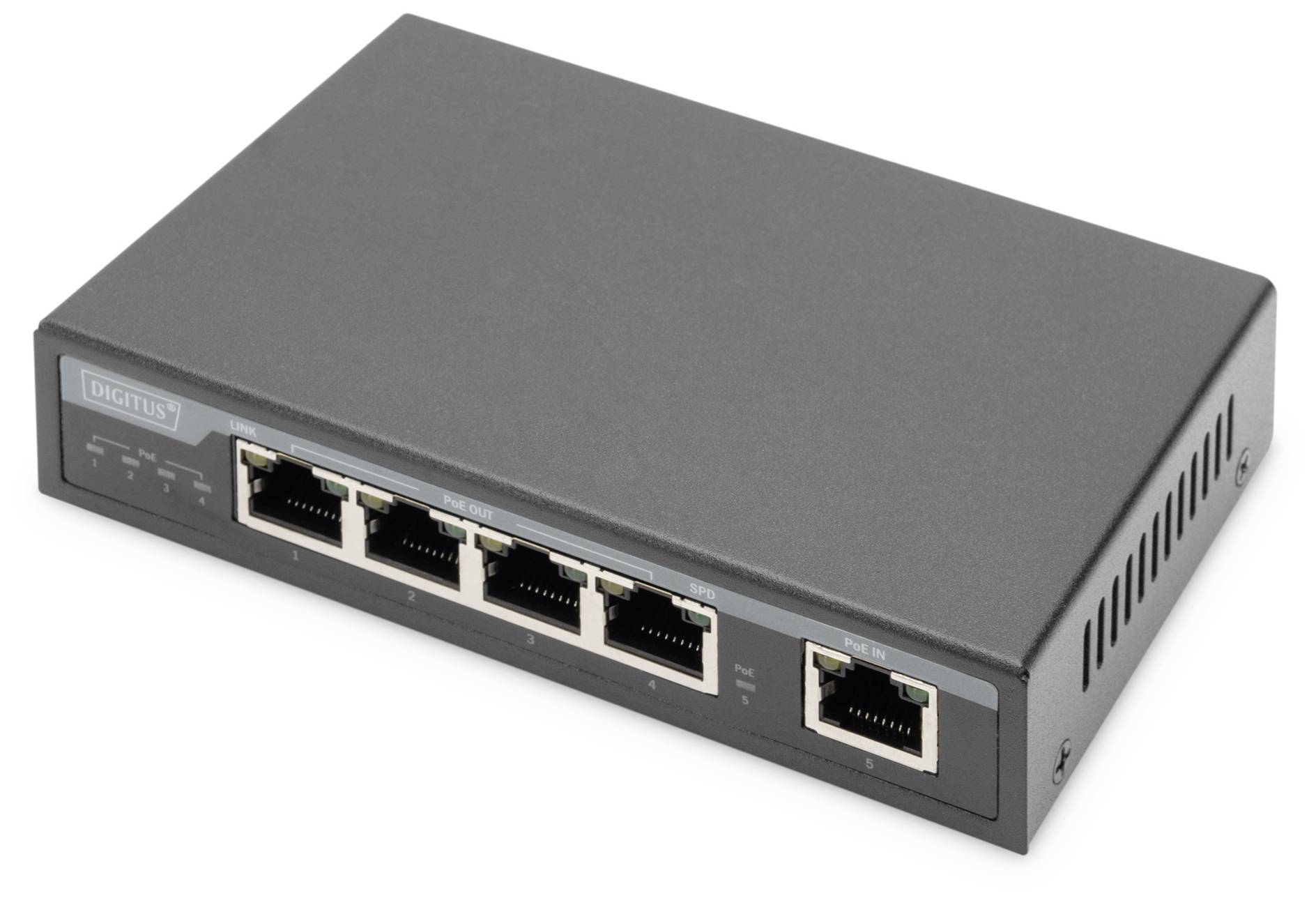 Kompaktní černý síťový switch s pěti ethernetovými porty, vhodný pro použití v malých kancelářích nebo domácích kancelářích k síťovému propojení.