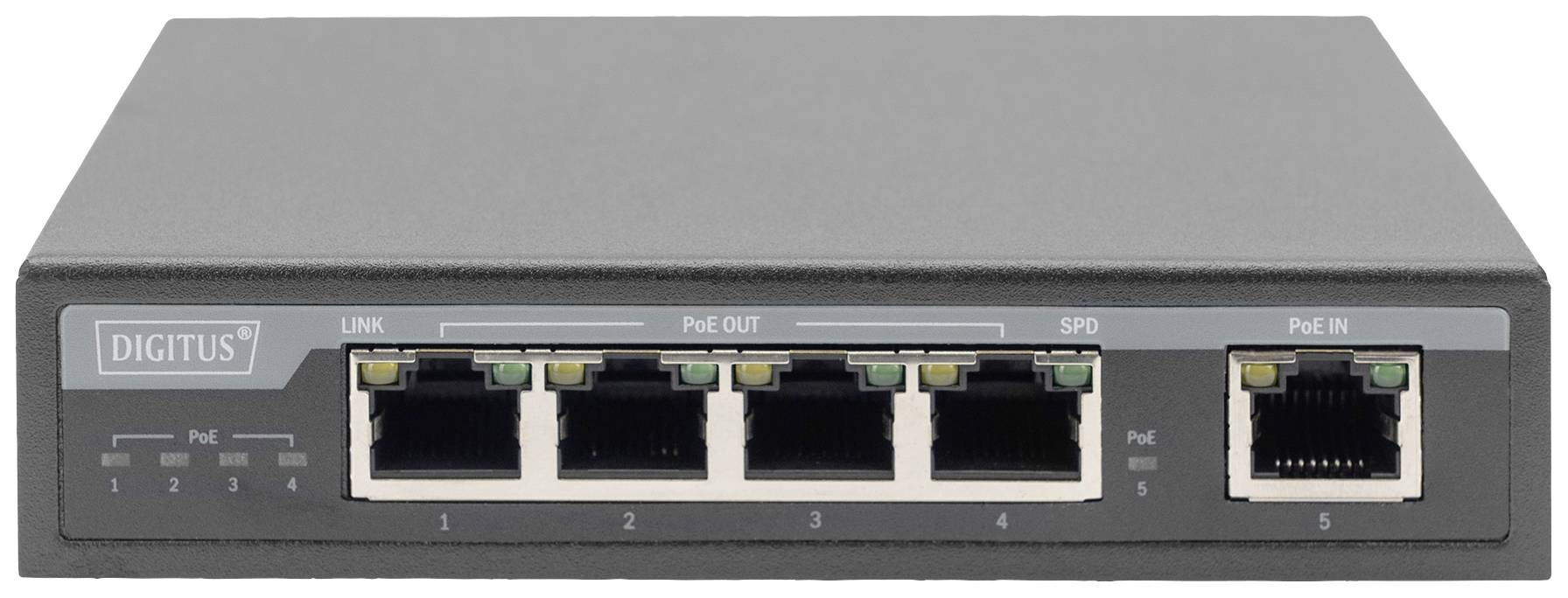 Šedý síťový switch s pěti ethernetovými porty, označenými jako '1' až '5'. Port '5' je označen jako 'PoE IN'.