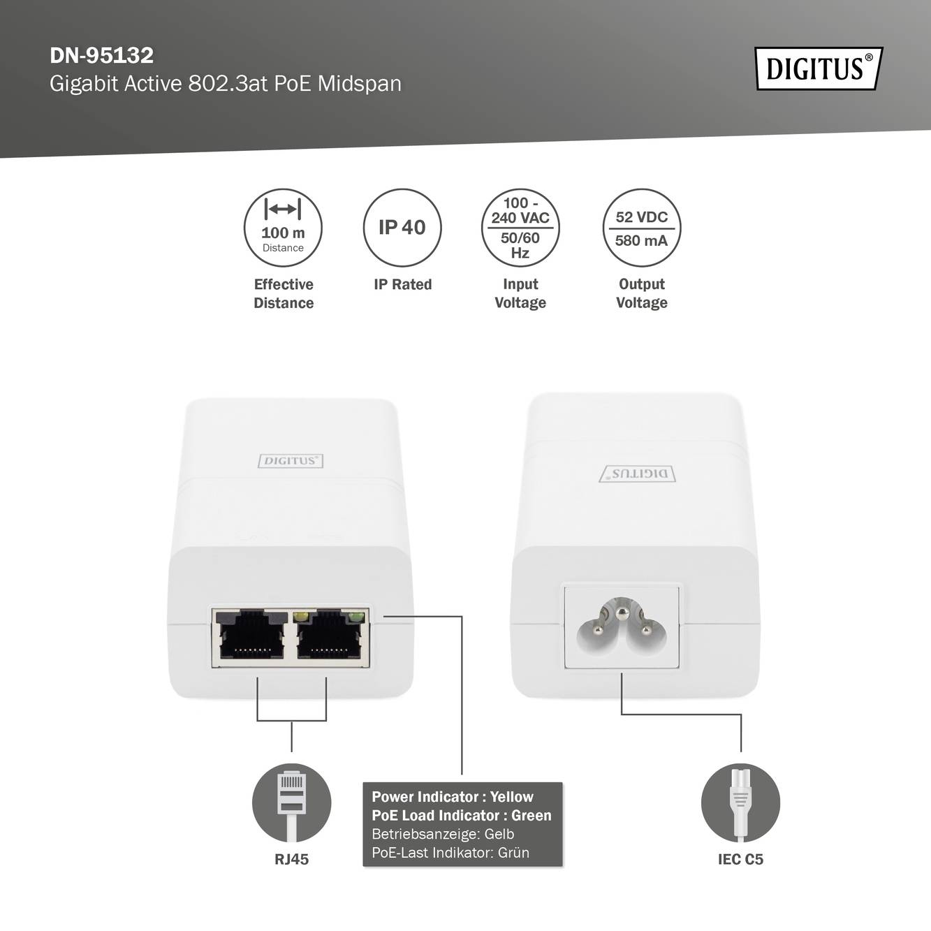 'Digitus Gigabit Active 802.3at PoE Midspan s RJ45 konektorem a napájecím konektorem IEC C5. IP40, indikátor PoE zátěže, vstup 100-240 VAC.'