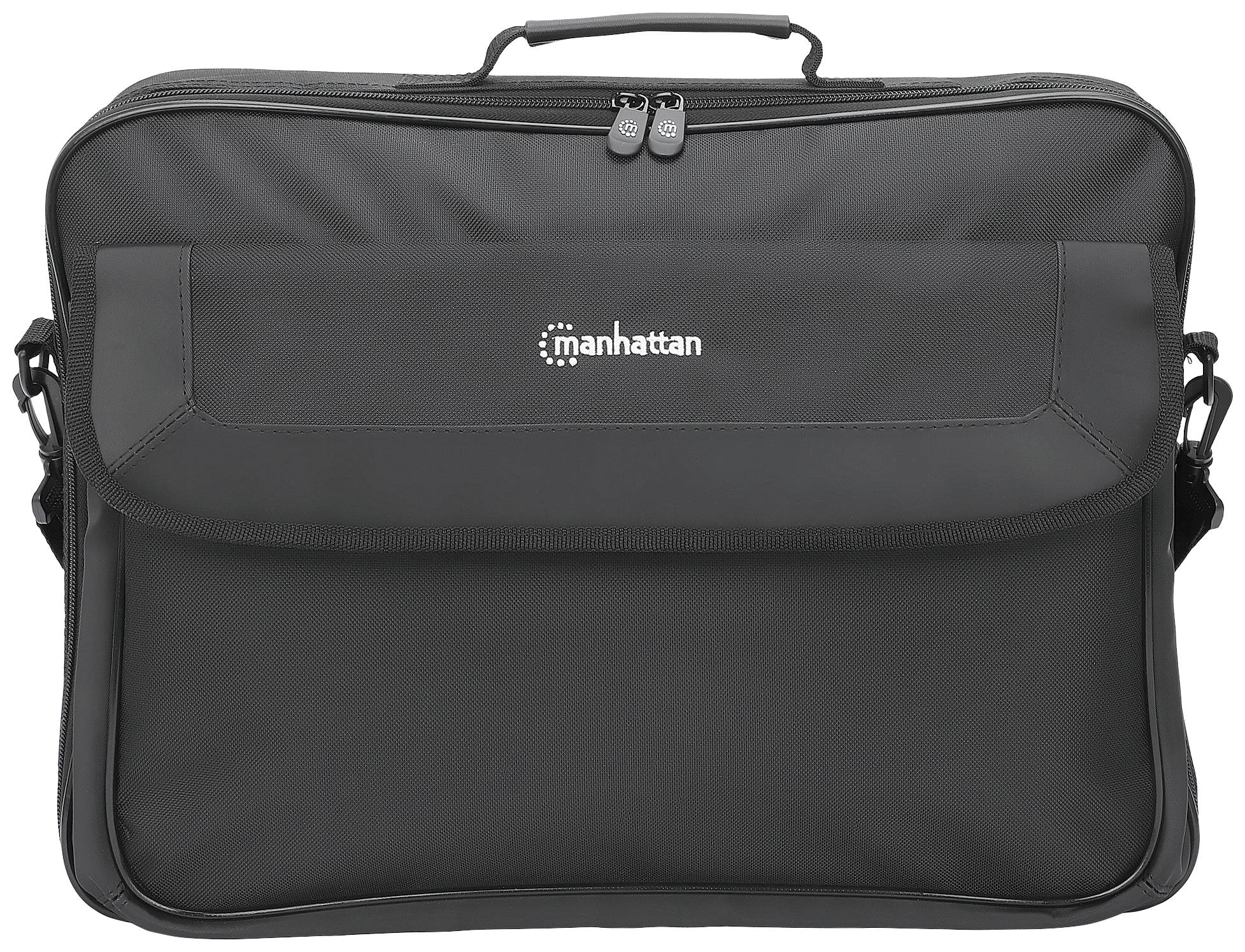 Černá taška na notebook s ramenním popruhem a rukojetí, s názvem značky 'manhattan' na přední straně.