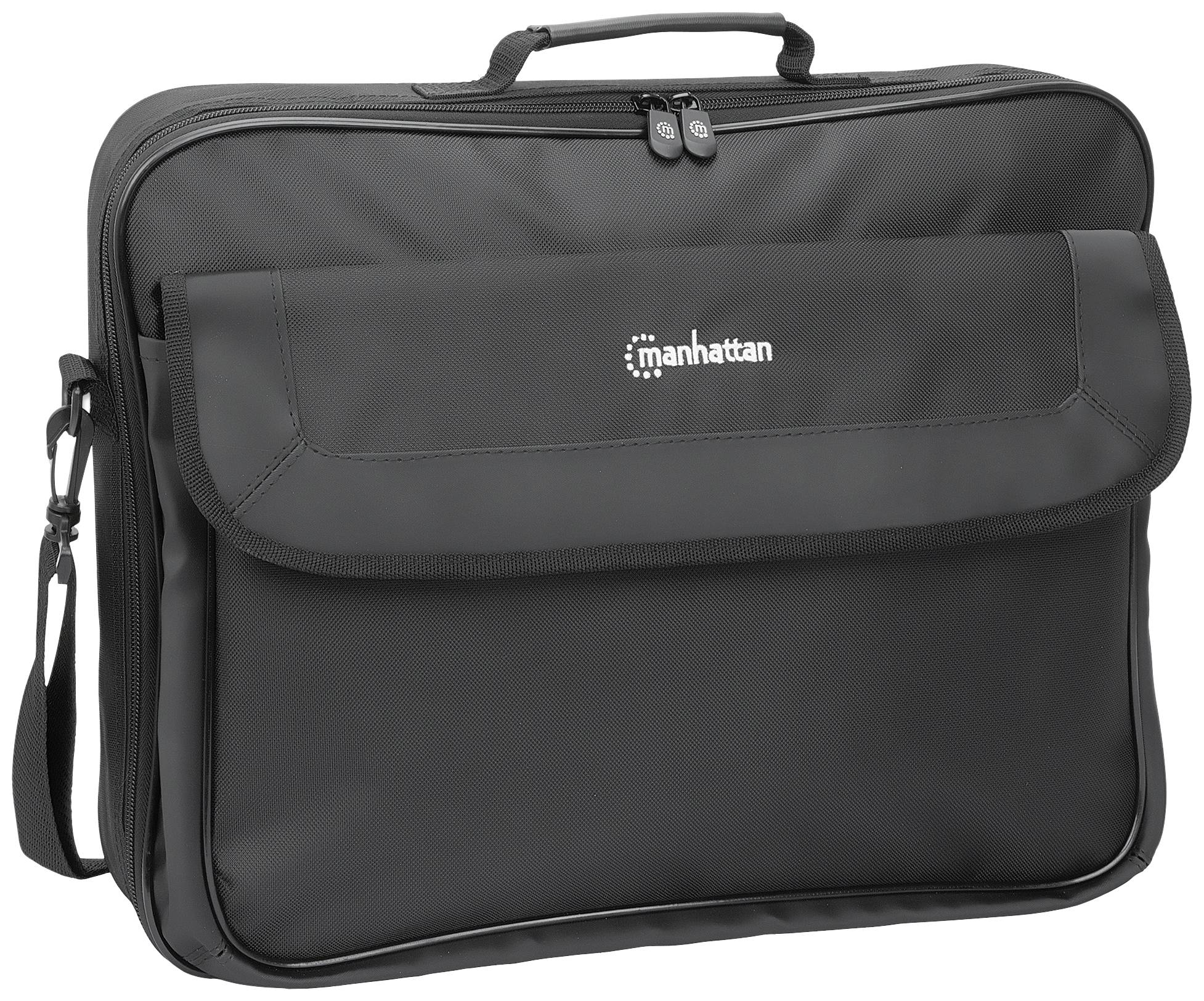 Černá brašna na notebook s rukojetí a logem 'Manhattan' na přední kapse. Vhodná pro přepravu notebooku a příslušenství.