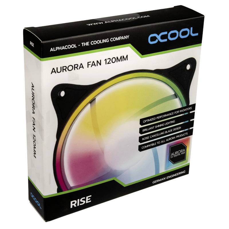 Kartonová krabice ventilátoru PC s nápisem 'Aurora Fan 120mm' od společnosti Alphacool. Ventilátor zobrazuje prvky RGB osvětlení.