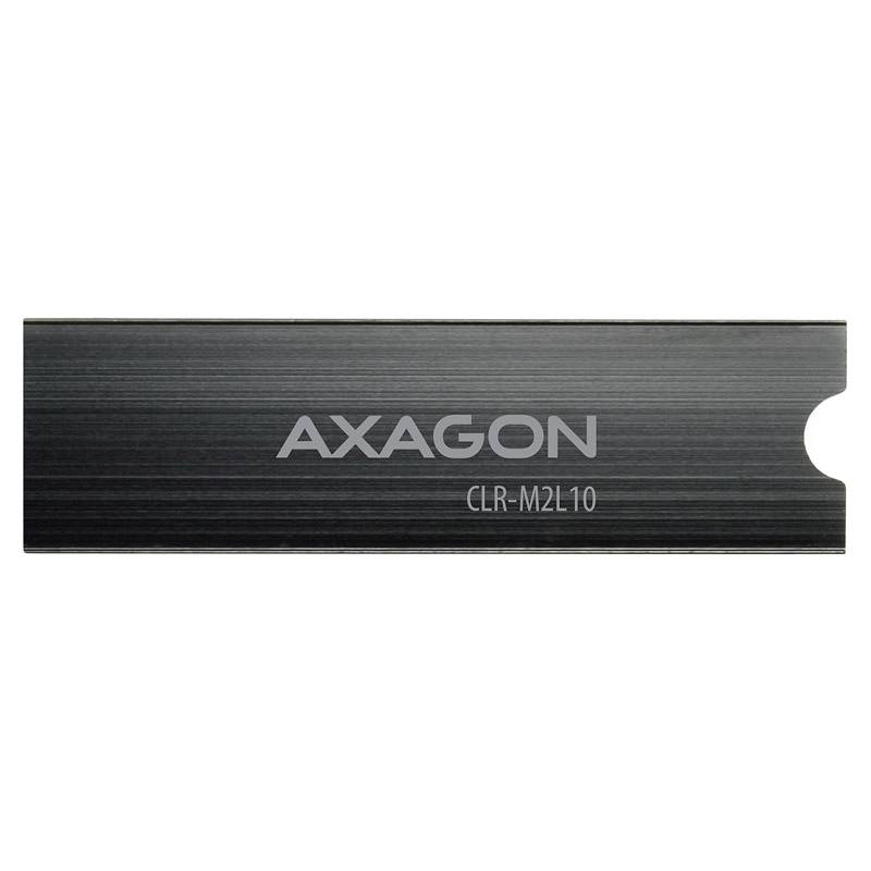 Chladič s nápisem "AXAGON CLR-M2L10" na povrchu, v obdélníkovém kovovém provedení, často používaný pro elektronická zařízení.