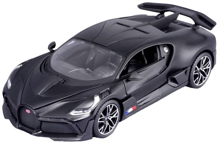 Černé modelové auto se sportovním designem a výrazným spoilerem. Zobrazuje aerodynamické linie a charakteristické disky kol.