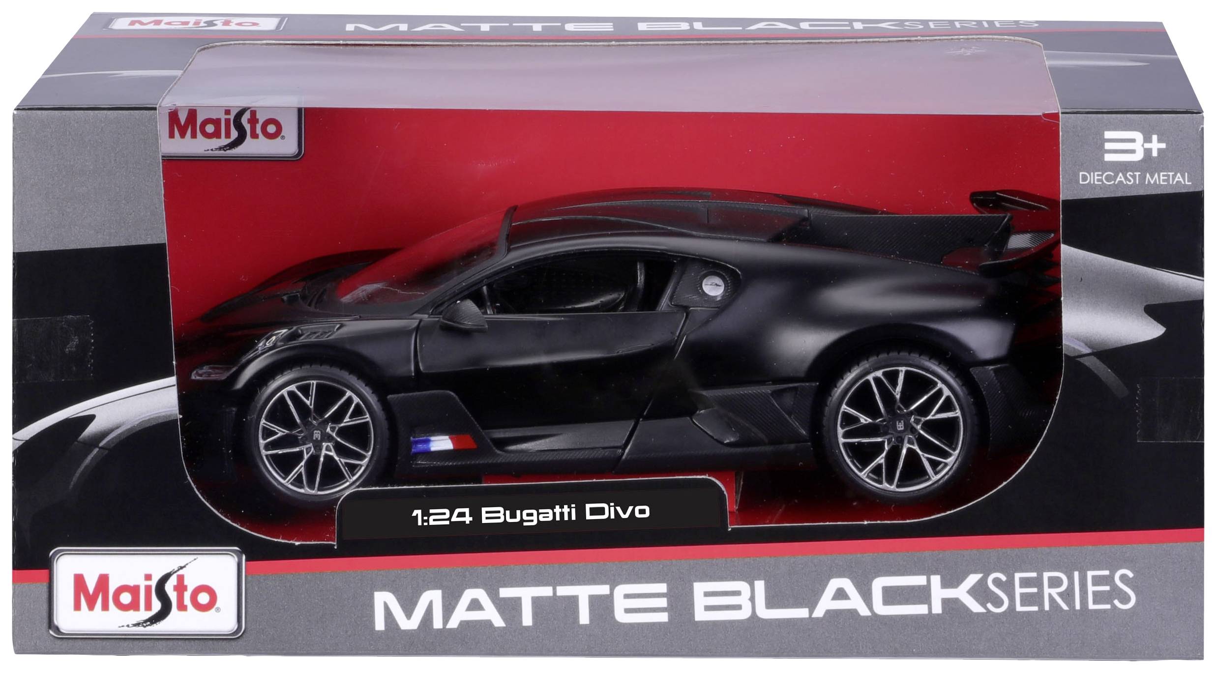 Černý model automobilu 'Bugatti Divo' od značky Maisto v měřítku 1:24, součást řady Matte Black Series, zabalený v černé krabici.