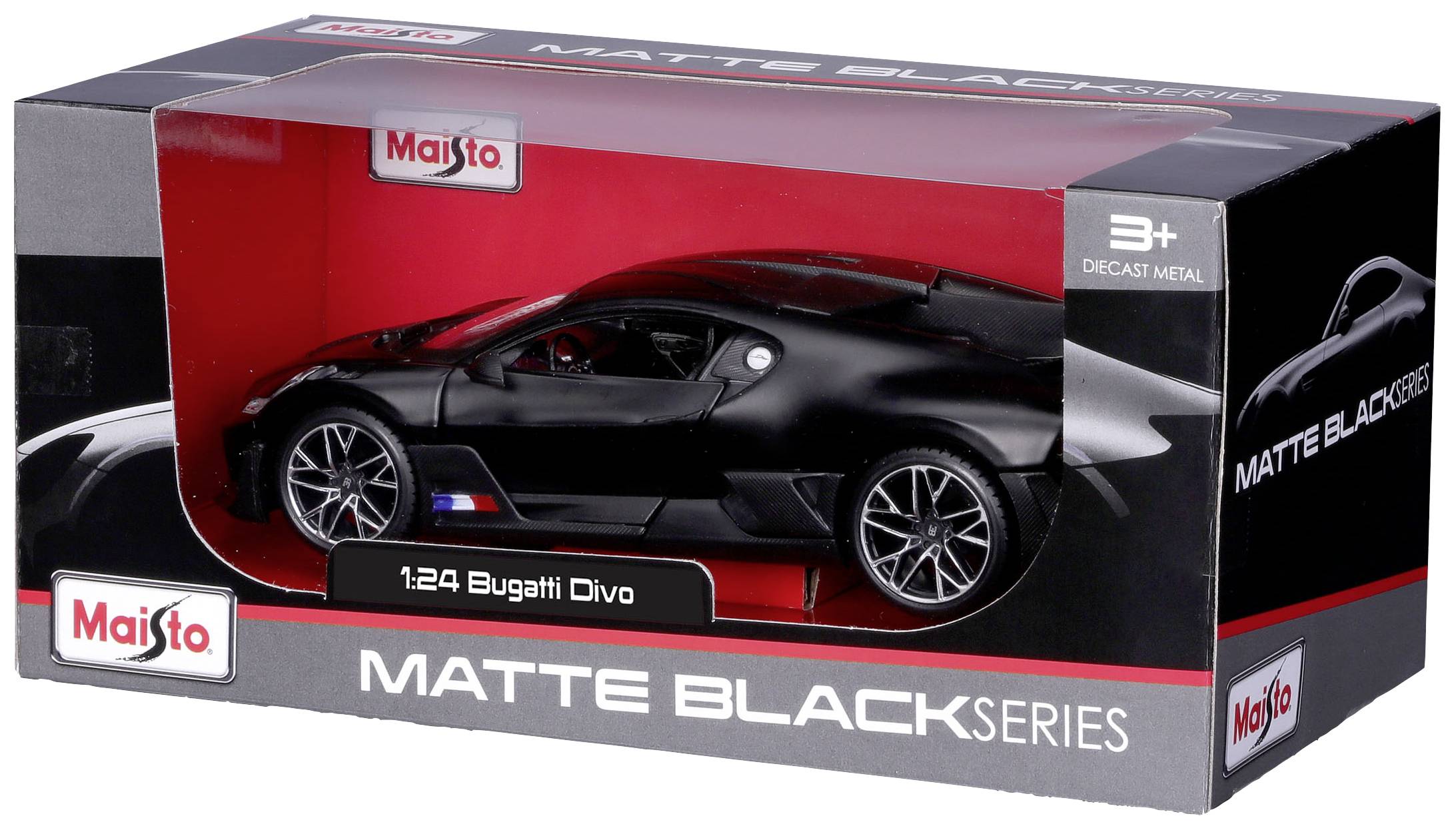 Obal modelového auta '1:24 Bugatti Divo' od značky Maisto, součást série 'Matte Black Series', vhodné pro děti od 3 let.