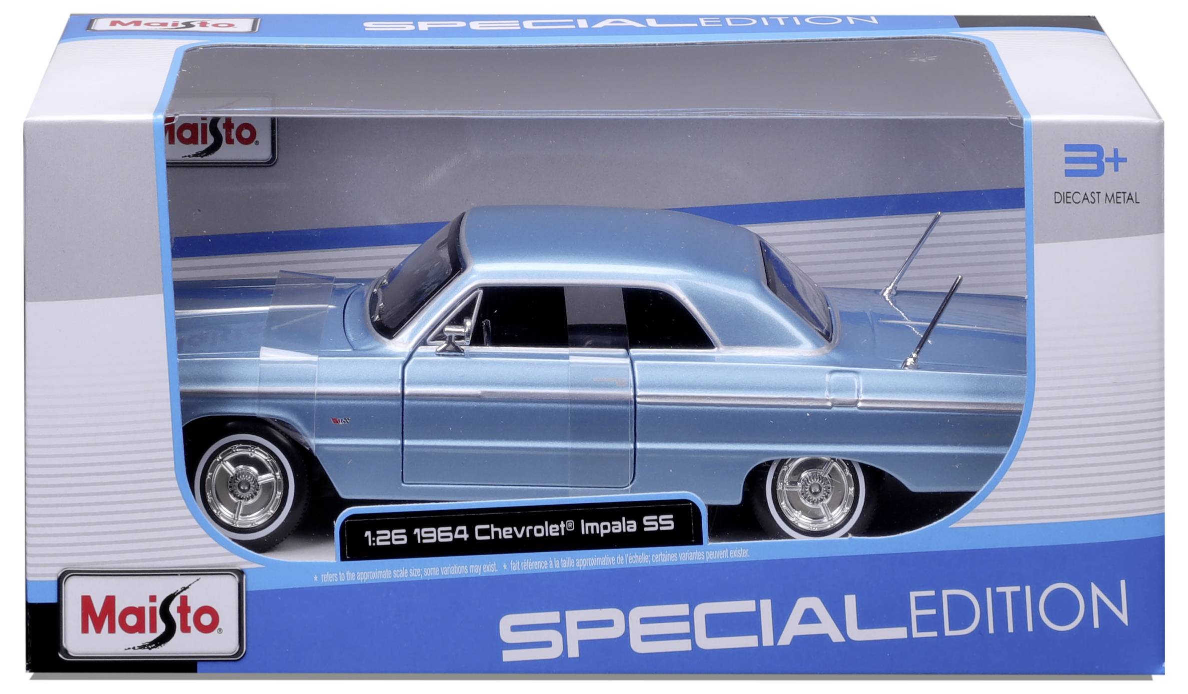 Model auta z tlakového lití modrého Chevroletu Impala SS z roku 1964 v originálním balení, edice Maisto Special Edition.