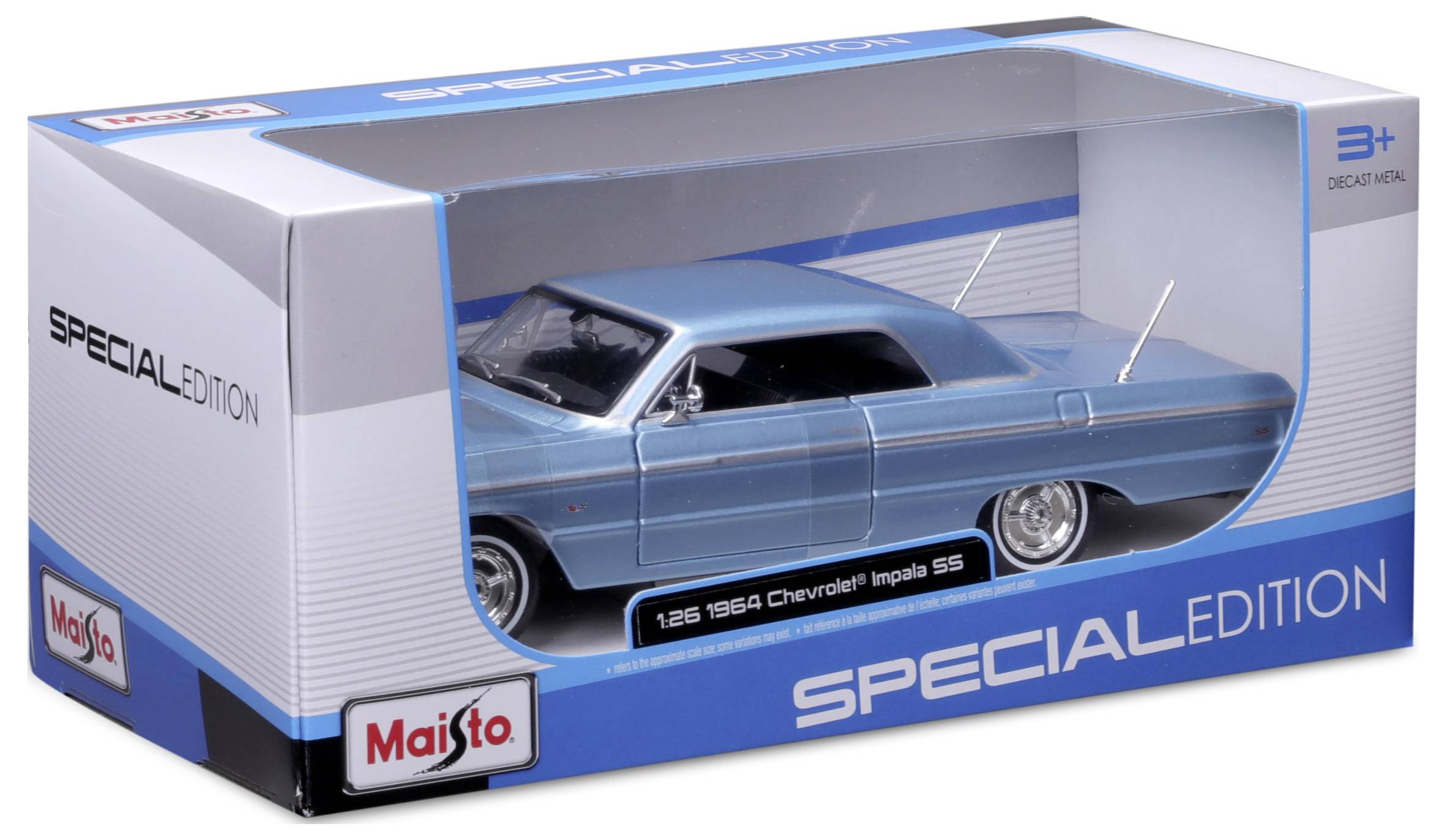 Modelové autíčko v krabici, modrý '1964 Chevrolet Impala SS' od značky Maisto 'Special Edition', vhodné pro děti od 3 let.