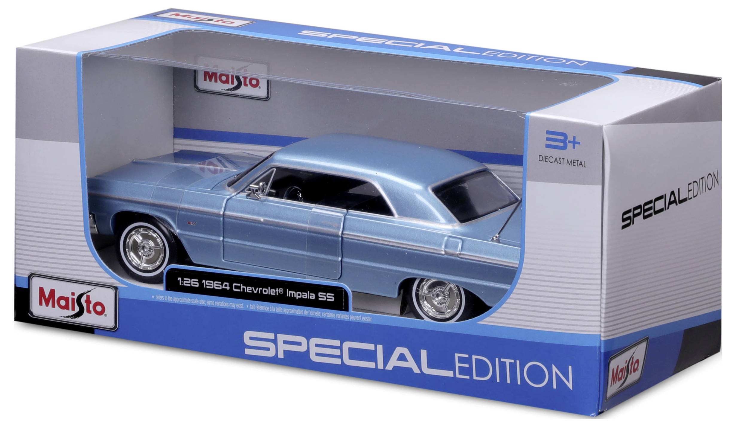 Modelové auto '1965 Chevrolet Impala SS' v modré barvě, zabalené v krabici speciální edice od firmy Maisto. Vhodné pro děti od 3 let.