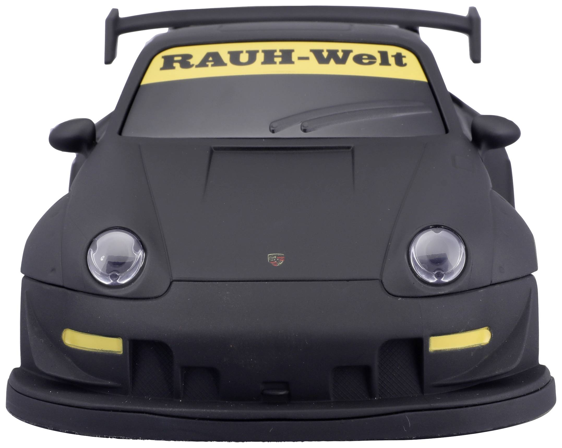 Černý model auta s nápisem 'RAUH-Welt' na čelním skle. Velký spoiler, žluté akcenty světlometů. Pohled zepředu.
