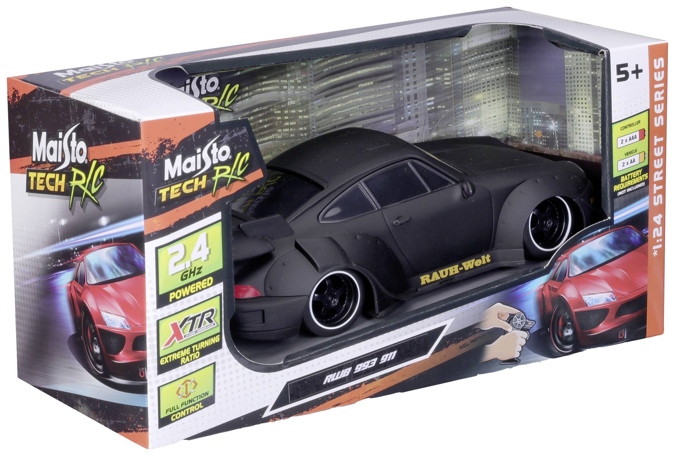Balení RC auta, model 'RAUH-Welt', včetně dálkového ovladače a technických specifikací. Vhodné pro děti od 5 let.