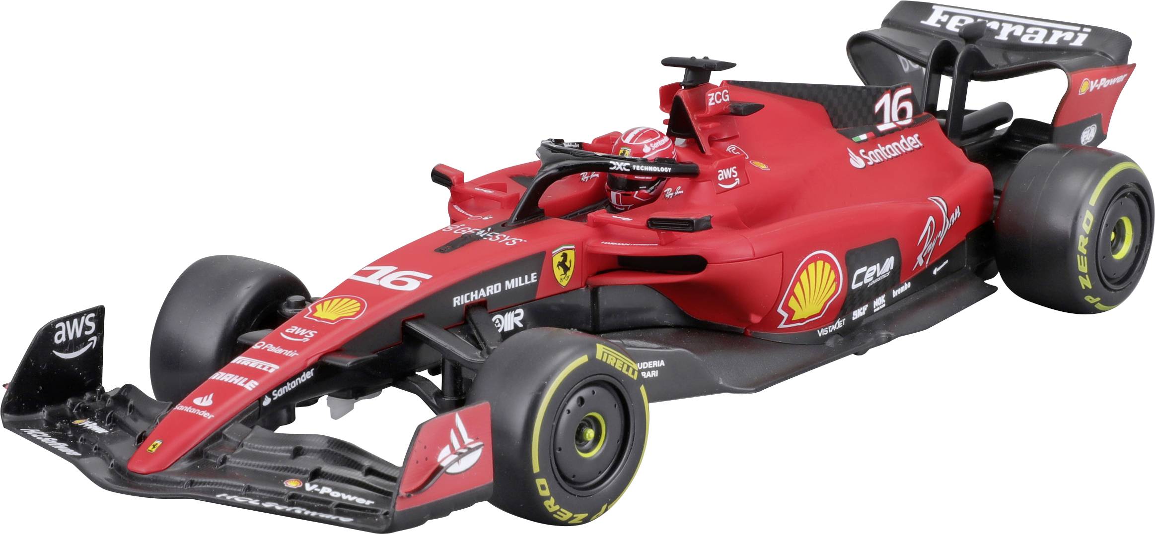 Červený formálový vůz se značkami Shell a Ferrari, černým spoilerem, s jezdcem v červené helmě.