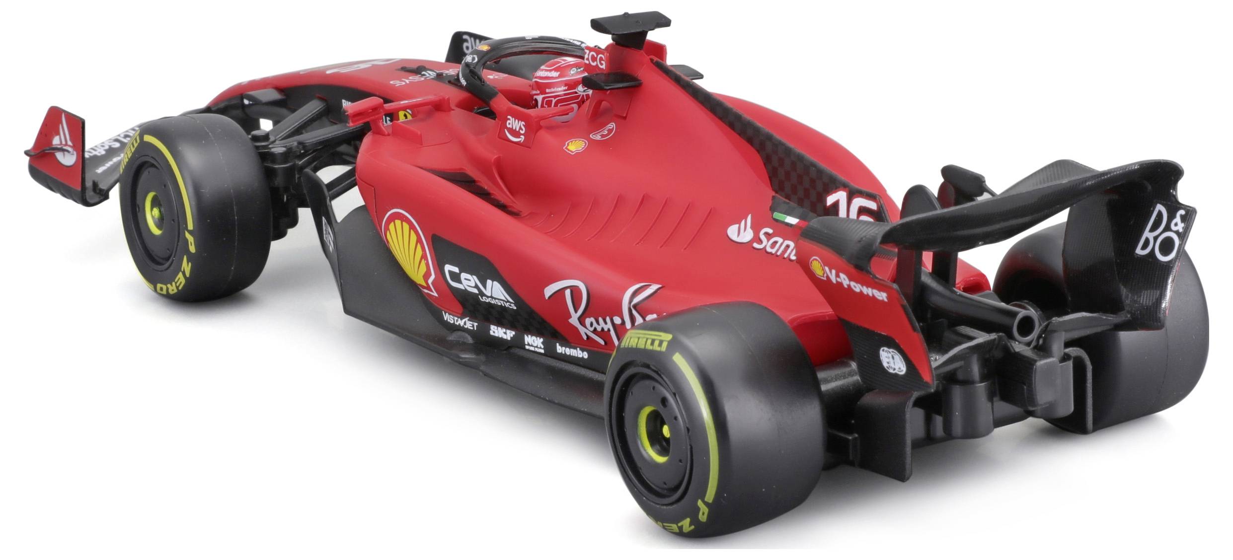 Červený vůz formule 1 s černými pneumatikami a různými logy sponzorů, pohled zezadu.