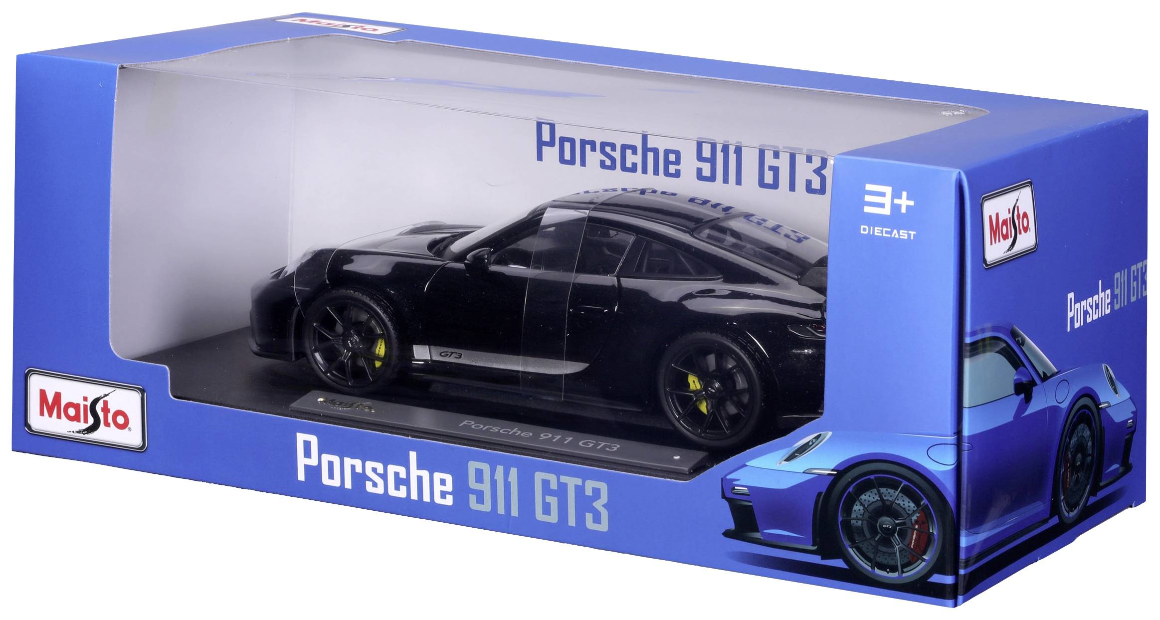 Černé modelové auto 'Porsche 911 GT3' v modré krabičce od značky Maisto, vhodné pro děti od 3 let.