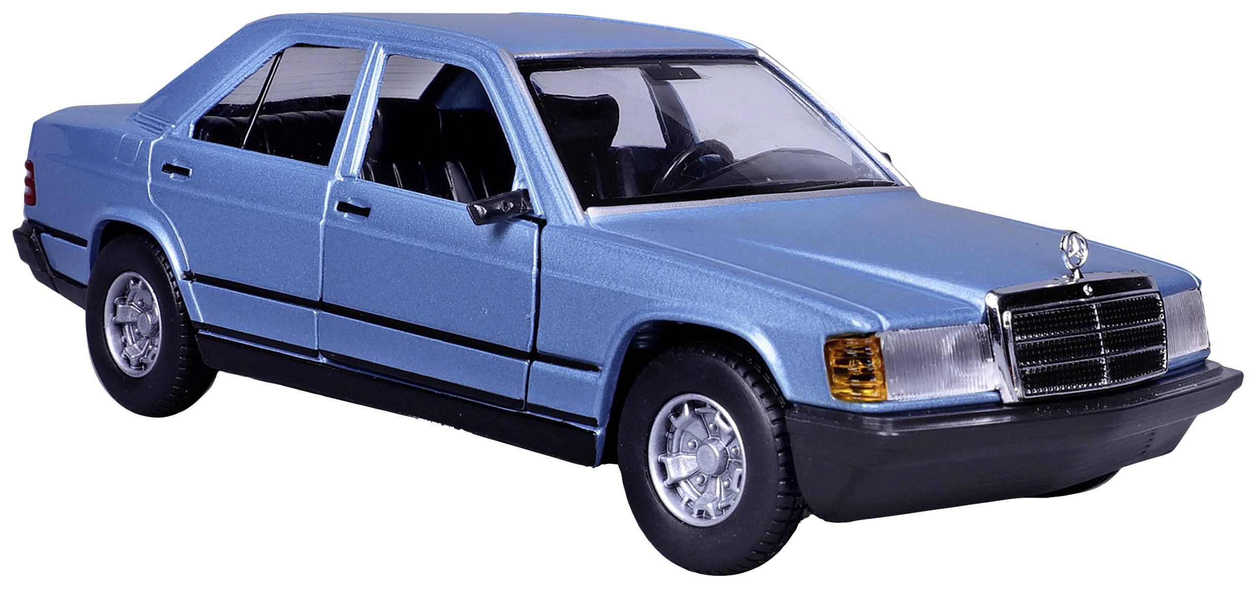 Modré modelové auto klasického čtyřdveřového vozidla se stříbrnými ráfky. Přední část ukazuje typickou mřížku chladiče.