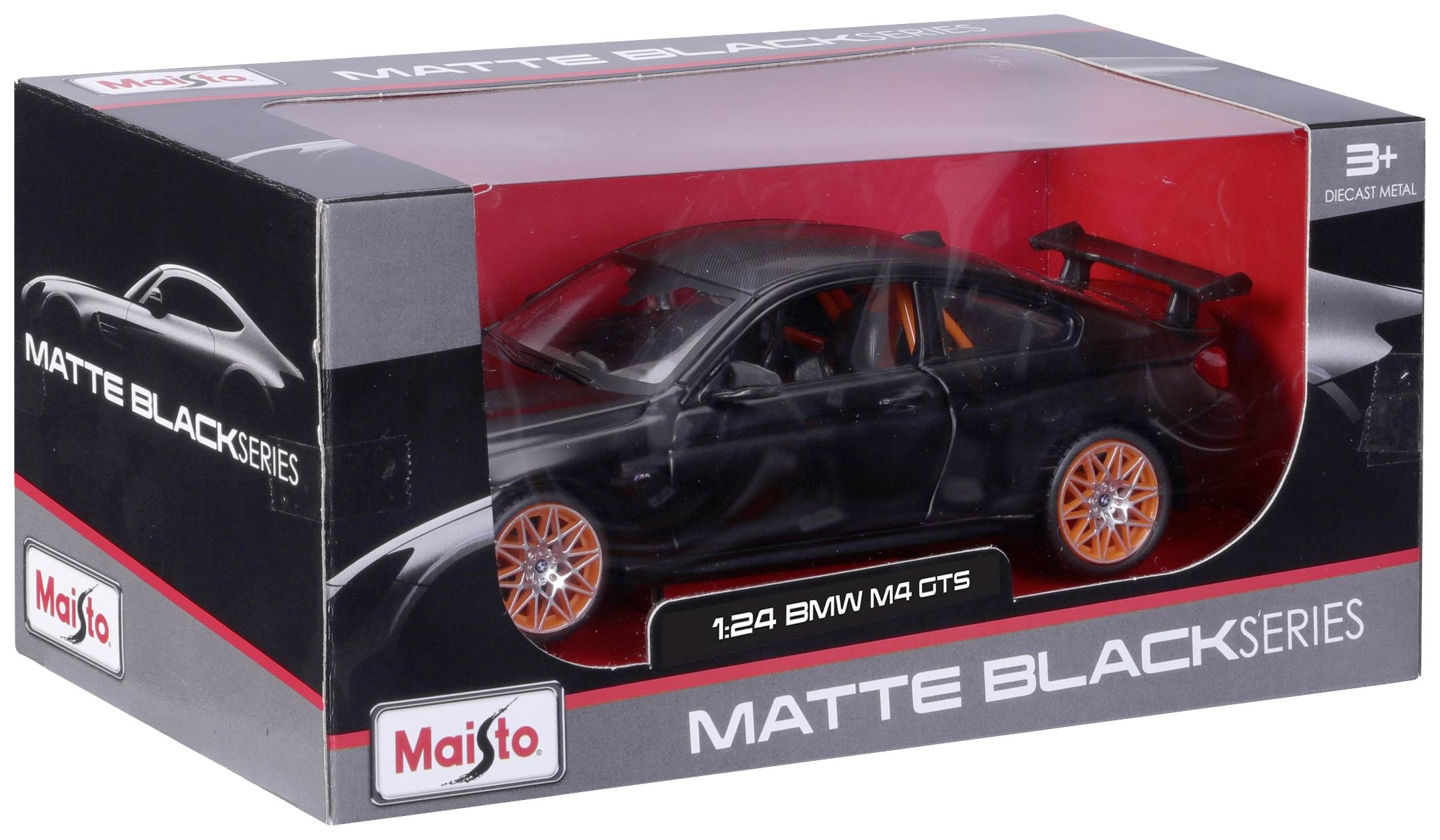 Model hračkářského vozu BMW M4 GTS v matné černé barvě s oranžovými ráfky, v originálním obalu. Vhodné pro děti od 3 let.