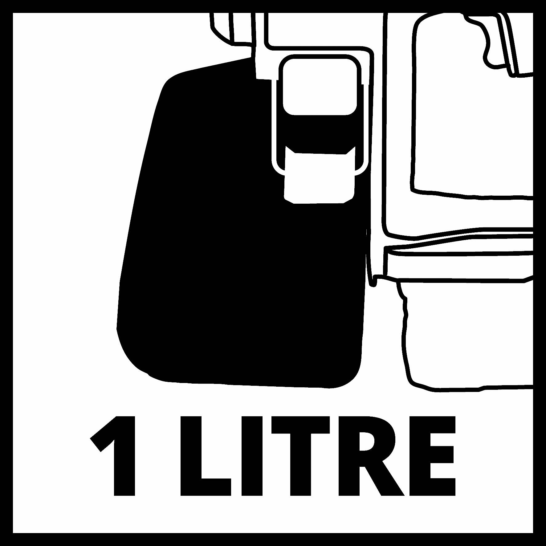 "1 litr" je napsáno pod stylizovaným obrázkem obdélníkové láhve; obrázek by mohl naznačovat údaj o objemu nádoby.