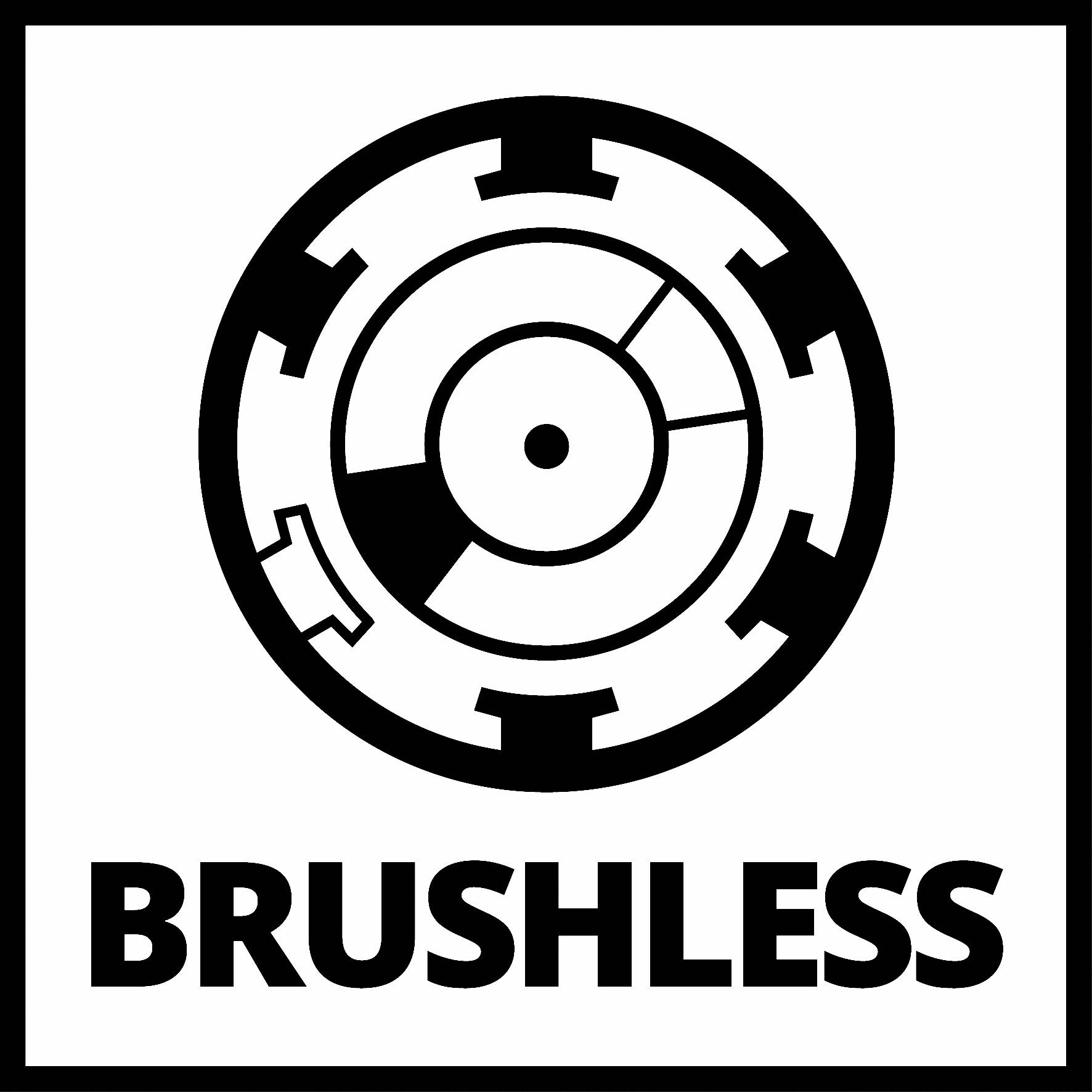 Schematické znázornění bezkartáčového motoru s textem 'BRUSHLESS' pod ním.