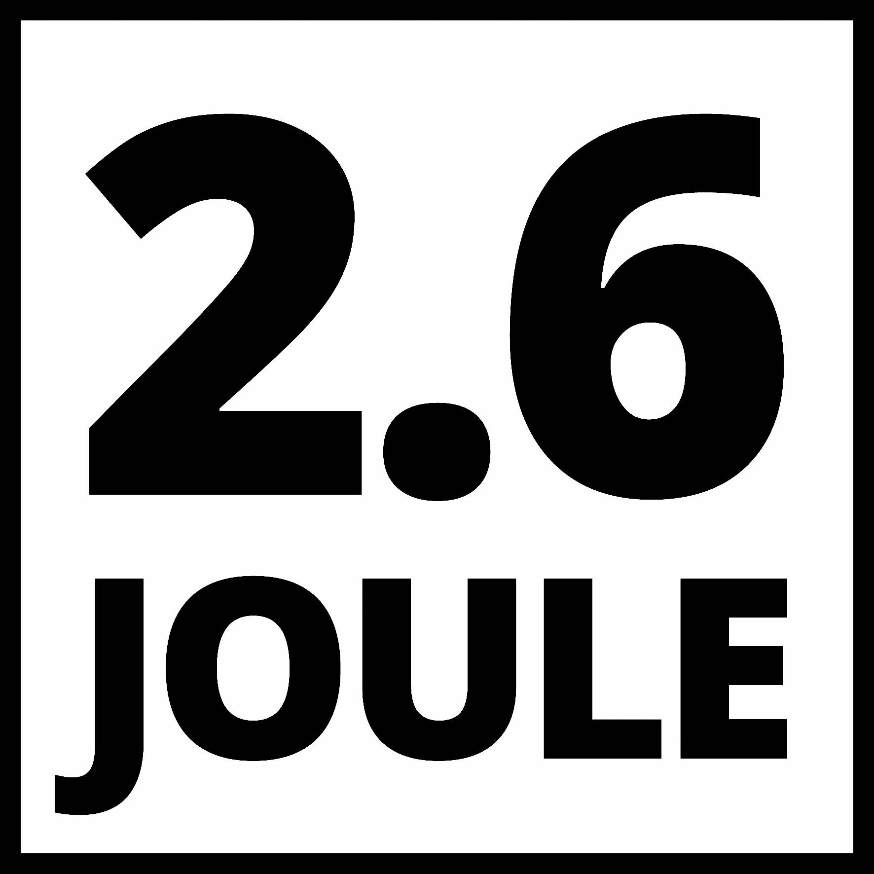 '2,6 JOULE' černým písmem na bílém pozadí.<br><br>Note: I adjusted the decimal separator from a period to a comma, as is standard in Czech numeric notation.
