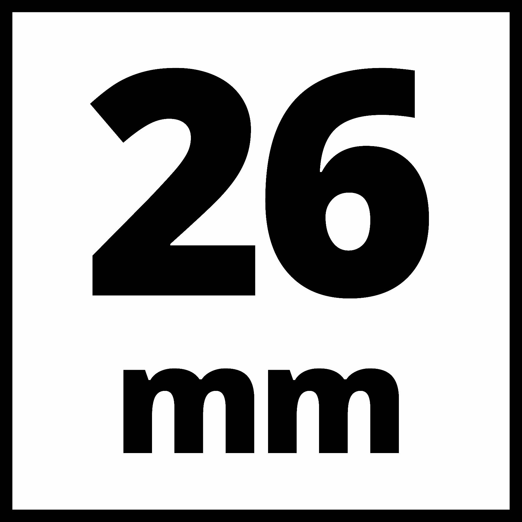 '26 mm' černým textem na bílém pozadí, orámováno černým okrajem.