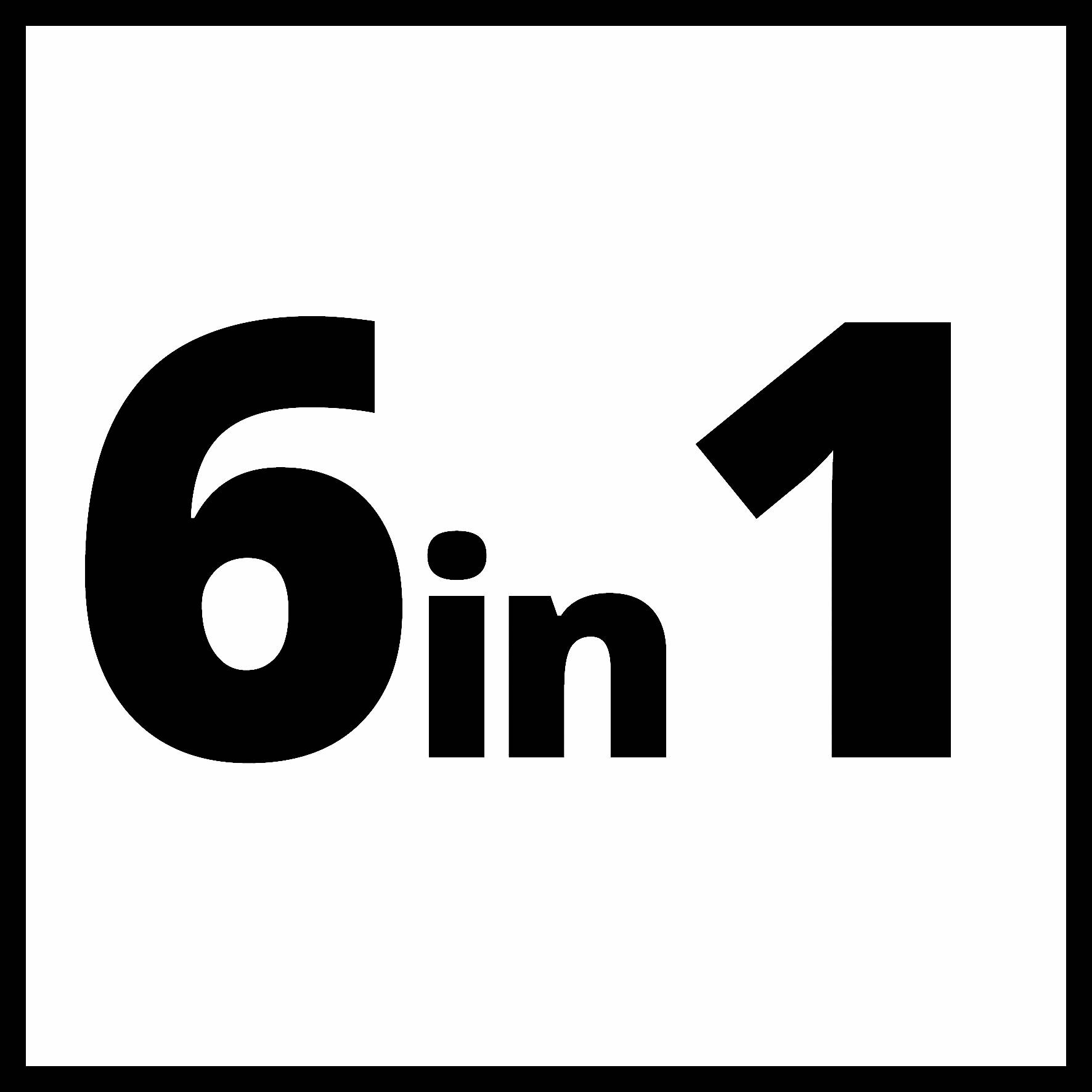'6 v 1' černým textem na bílém pozadí.