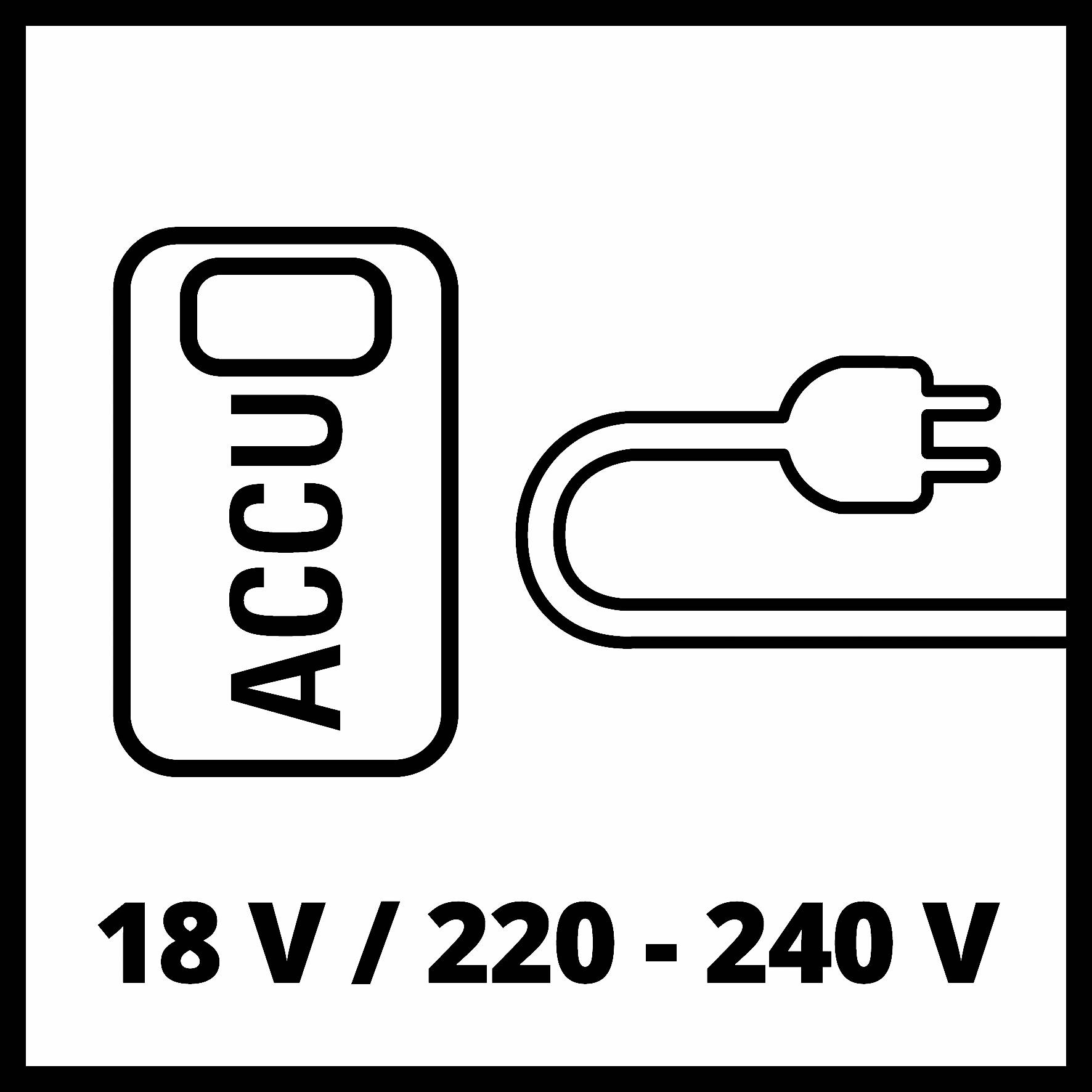 Symbol akumulátoru a zástrčky s textem '18 V / 220 - 240 V'. Zobrazuje kompatibilitu napětí mezi akumulátorem a zdrojem napájení.