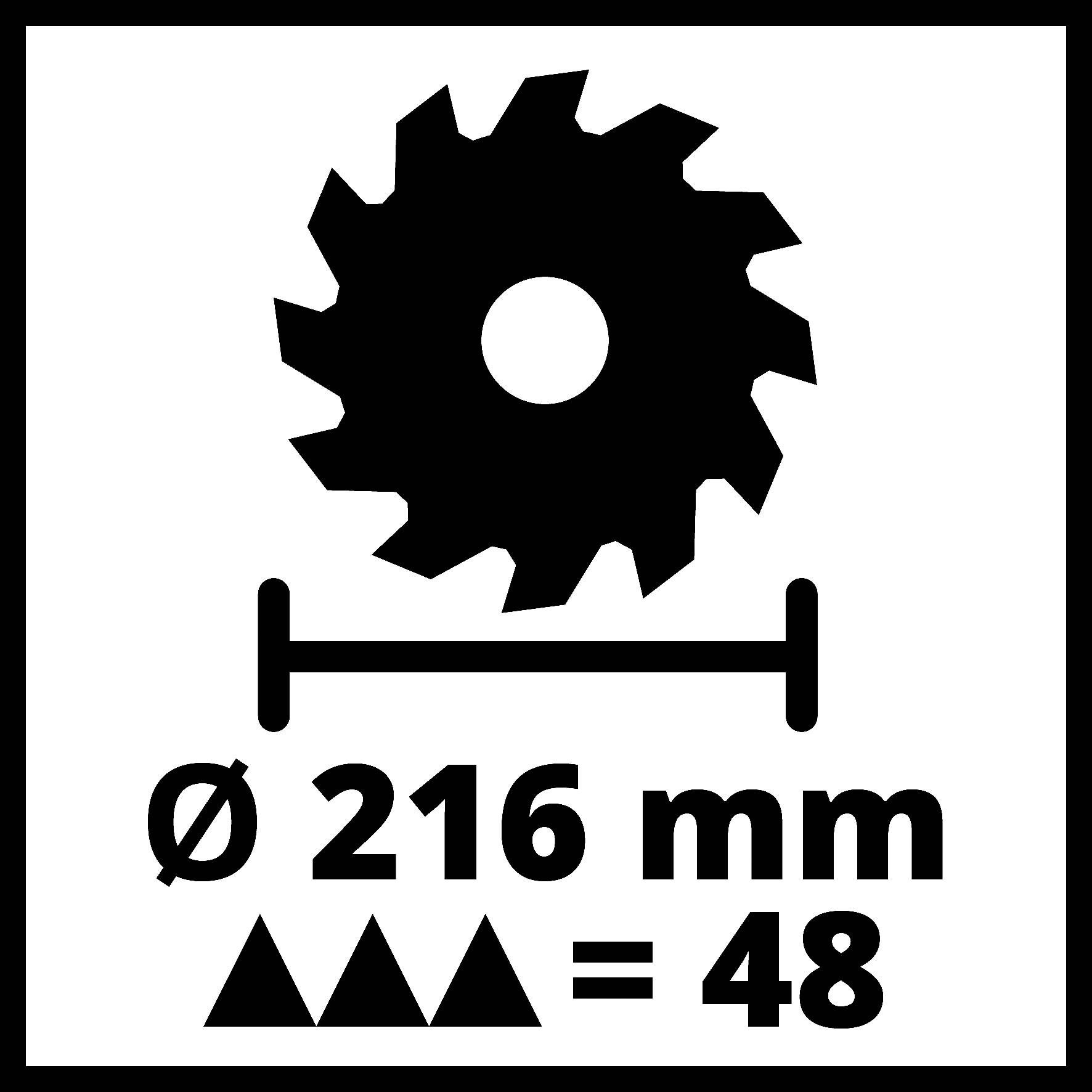 Obrázek ozubeného kola o průměru 216 mm, pod ním symboly s významem: tři trojúhelníky znamenají 48.