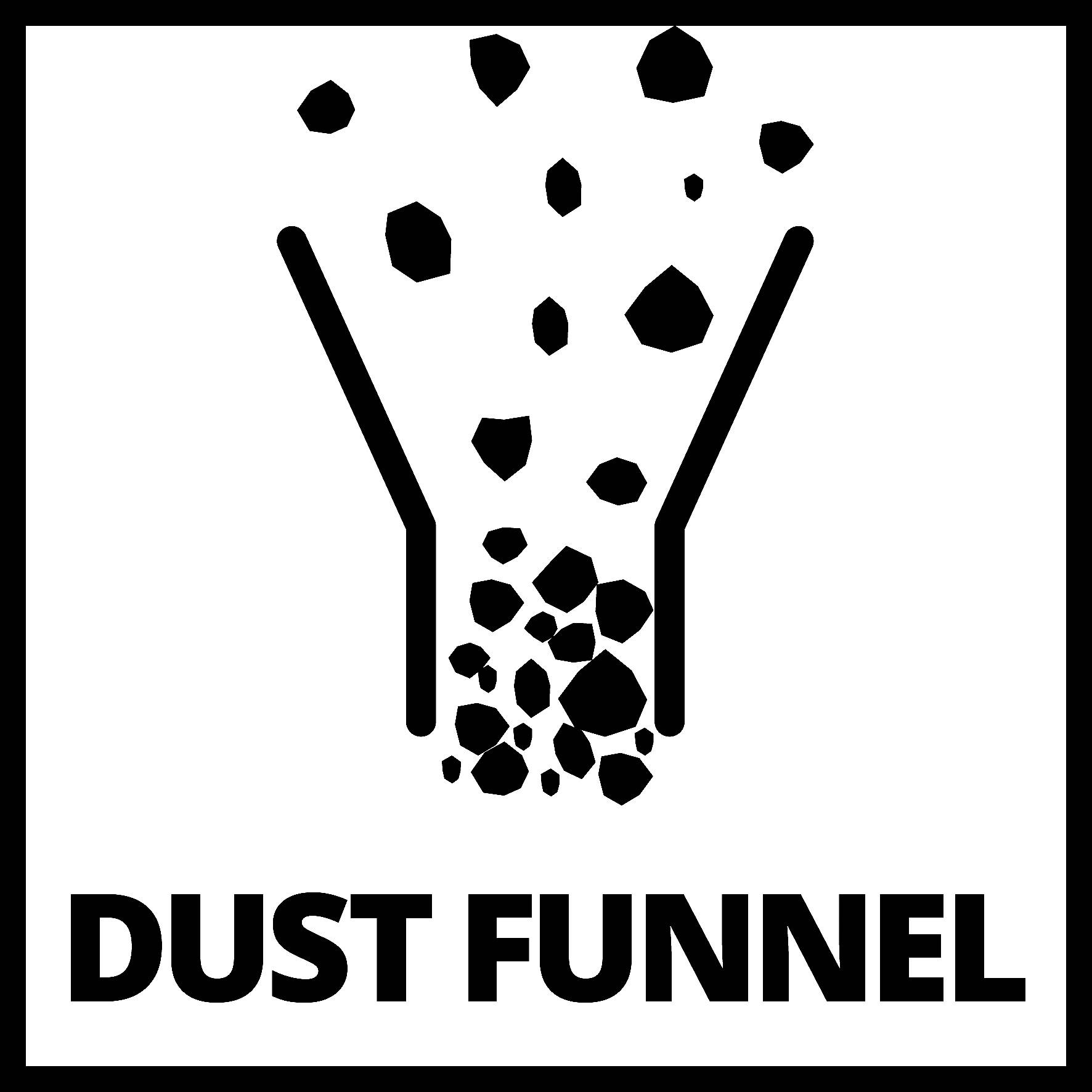 Logo s nálevkovitým stylizovaným tvarem, z něhož vypadávají prachové částice. Pod ním je napsáno 'Dust Funnel' tučným písmem.