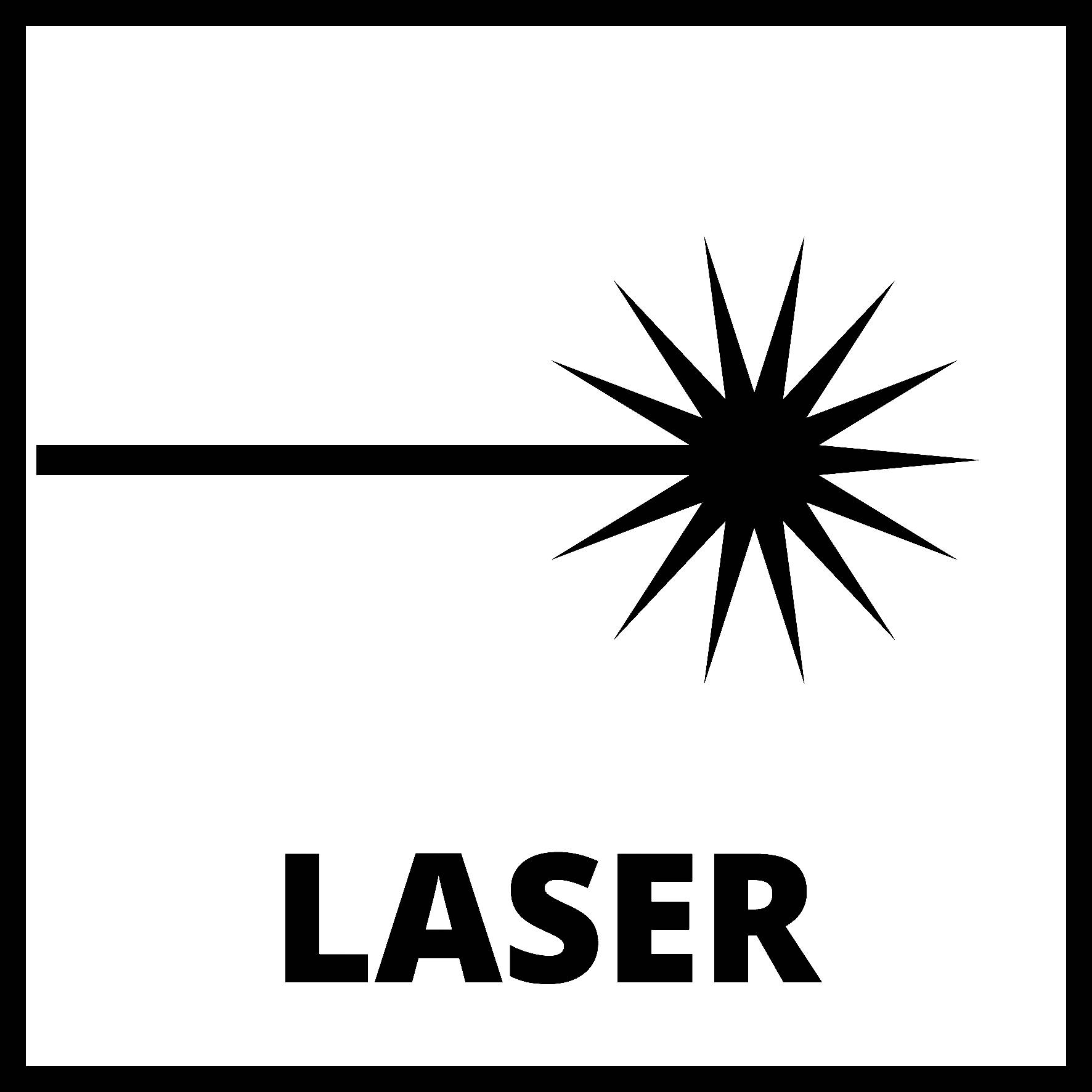 Štít se symbolem znázorňujícím laserový paprsek a slovem 'LASER' pod ním.