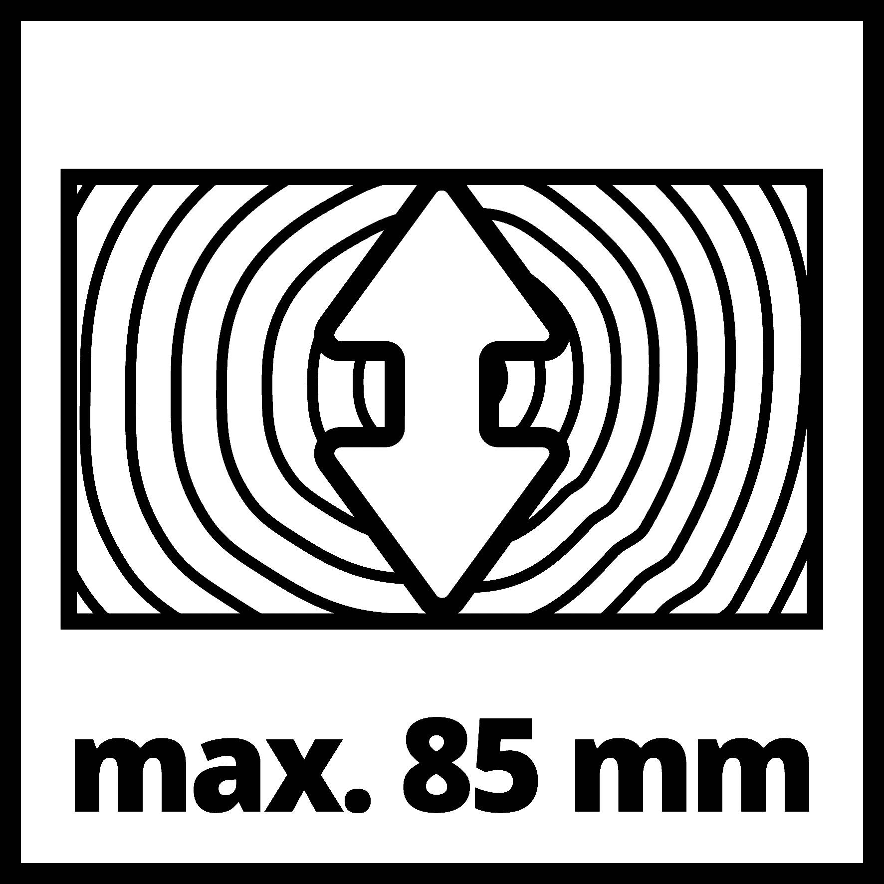 'Max. 85 mm' s dvojitou šipkou v obdélníku znázorňujícím kroužky, což poukazuje na maximální povolenou tloušťku nebo šířku.