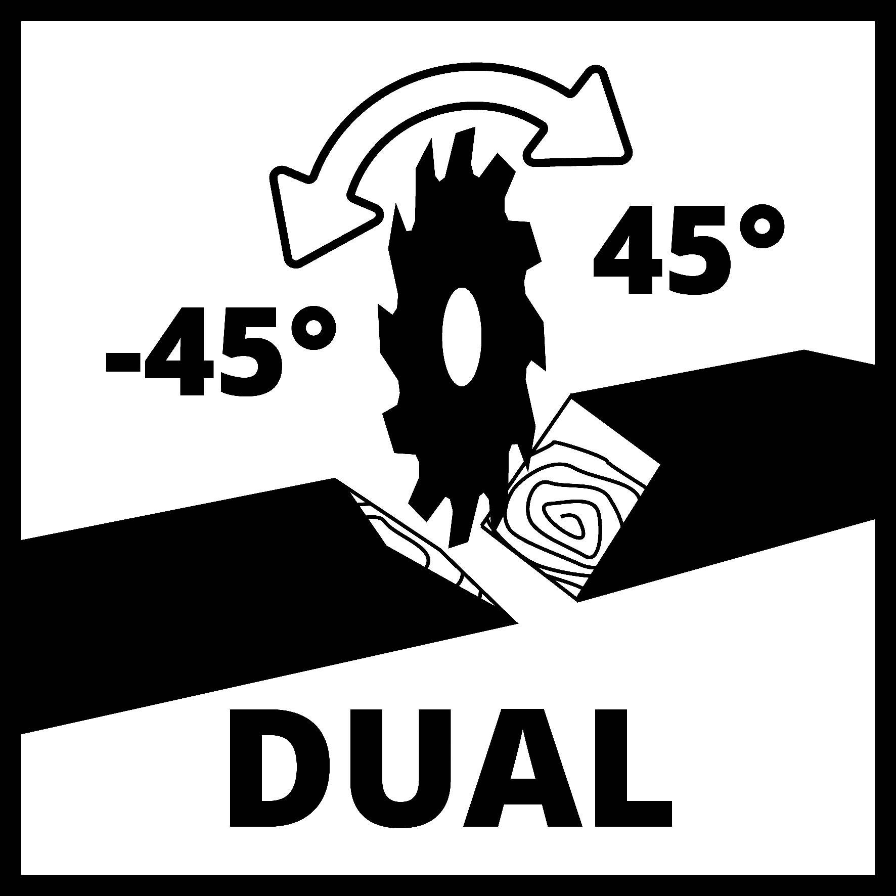 Symbol okružní pily se šipkou a úhly -45° až 45°, zobrazující rozříznuté prkno a text 'DUAL' pod ním.