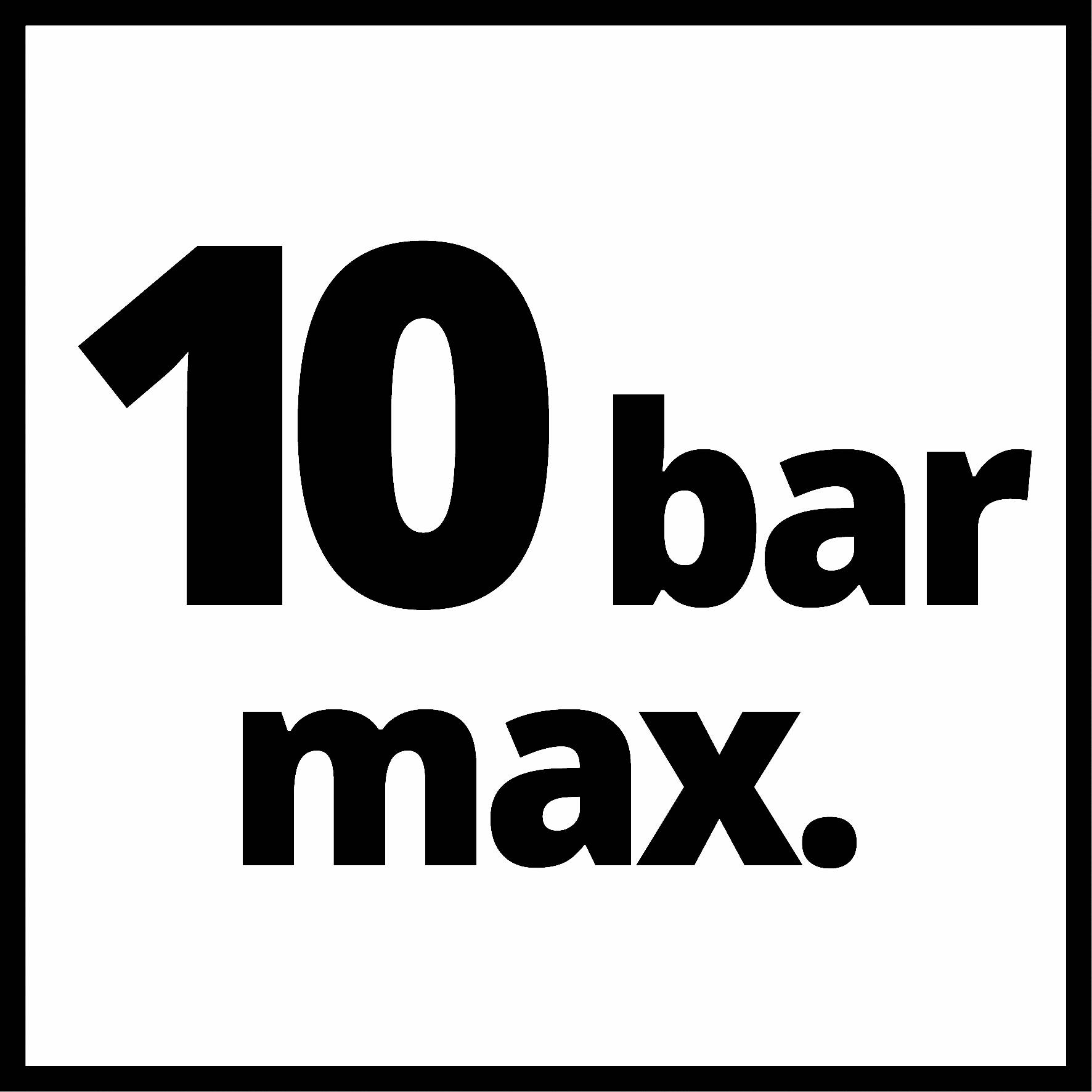 '10 bar max.' udává maximální tlakový limit zařízení nebo systému.
