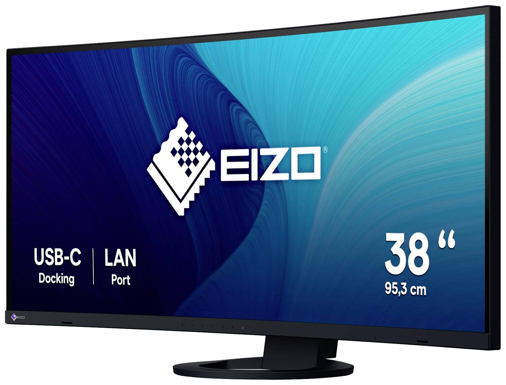38palcový (95,3 cm) monitor EIZO s modrou grafikou. Konektory: USB-C docking a LAN.