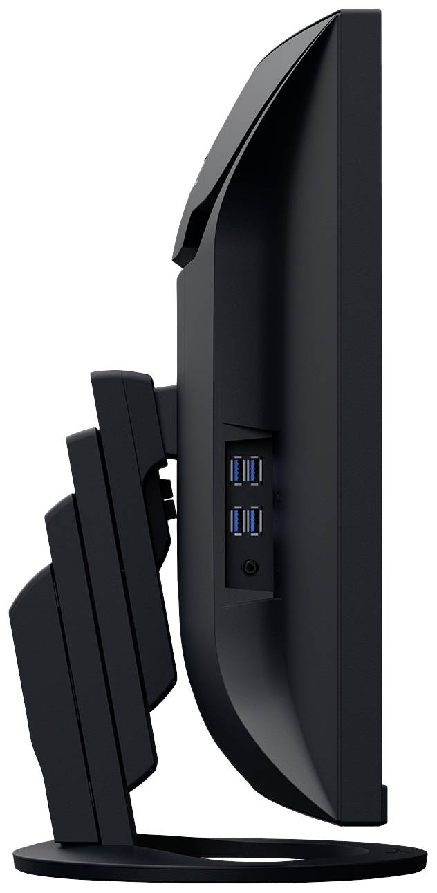 Pohled z boku na černý počítačový monitor s několika USB porty na straně. Monitor má moderní, štíhlý design.