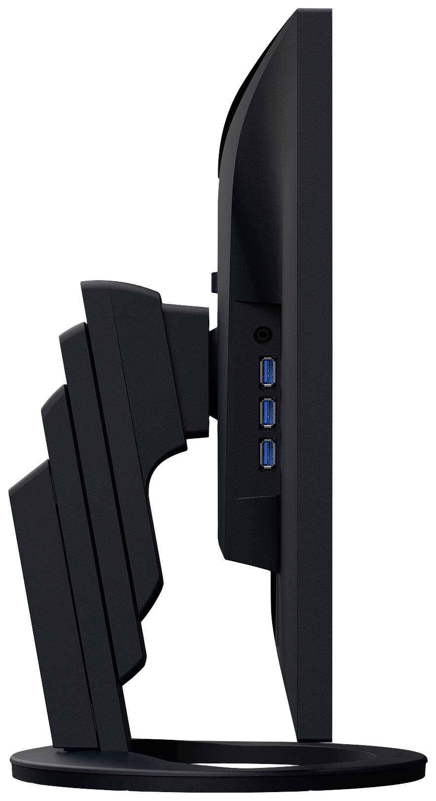 Počítačový monitor z bočního pohledu, s viditelnými několika USB porty. Stojan monitoru ukazuje nastavitelnou výšku.