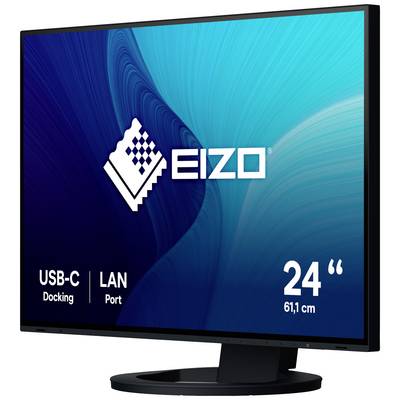 Monitor EIZO s 24palcovou obrazovkou. Text zobrazuje 'USB-C Dokovací stanice' a 'LAN Port'. Pozadí s modrým vzorem.