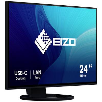 Monitor EIZO o úhlopříčce 24 palců (61,1 cm), modrého pozadí. Konektory: USB-C dokovací stanice a LAN port.