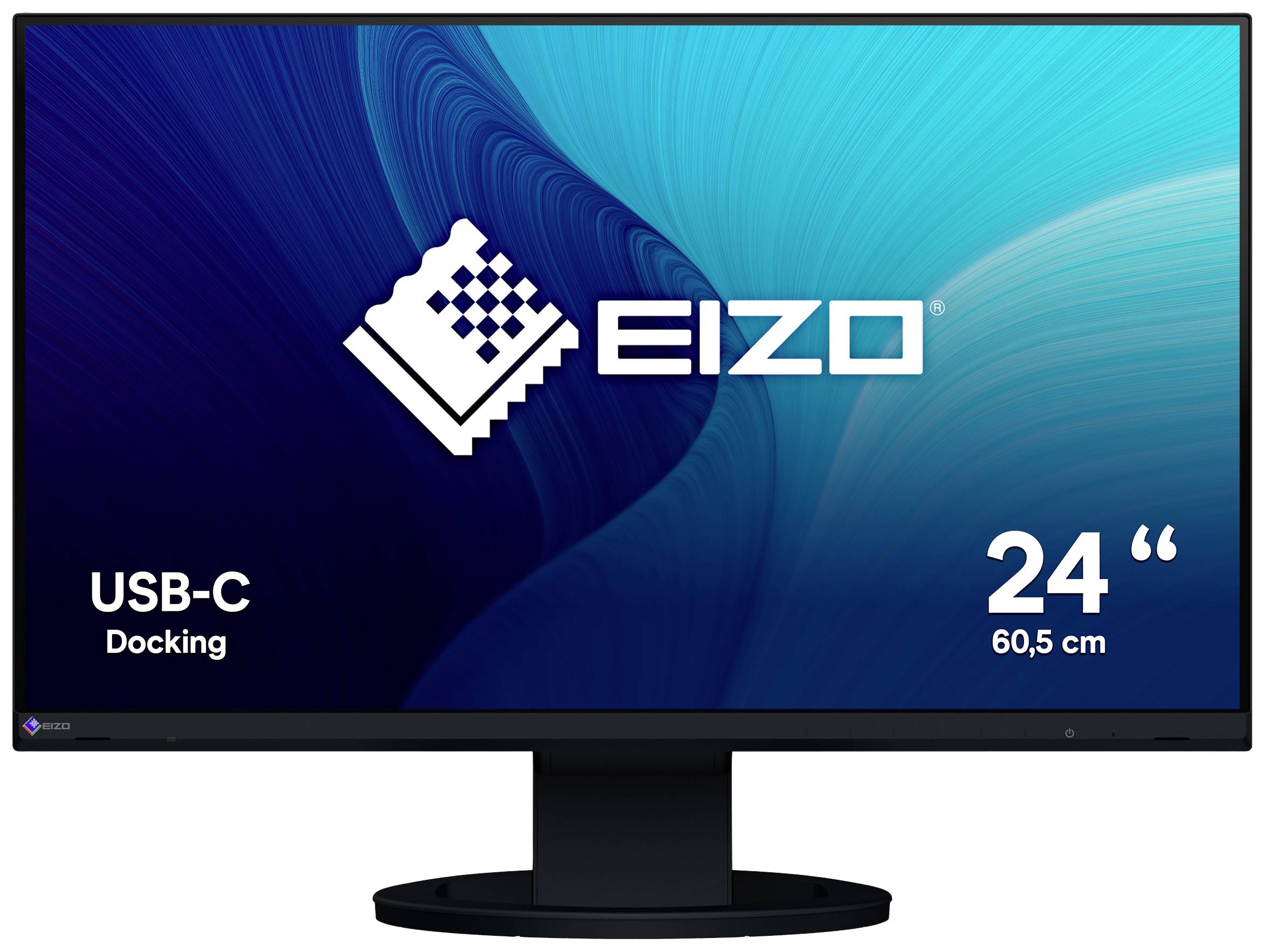24palcový monitor značky EIZO s USB-C portem, displej zobrazuje modré vzorování na pozadí.